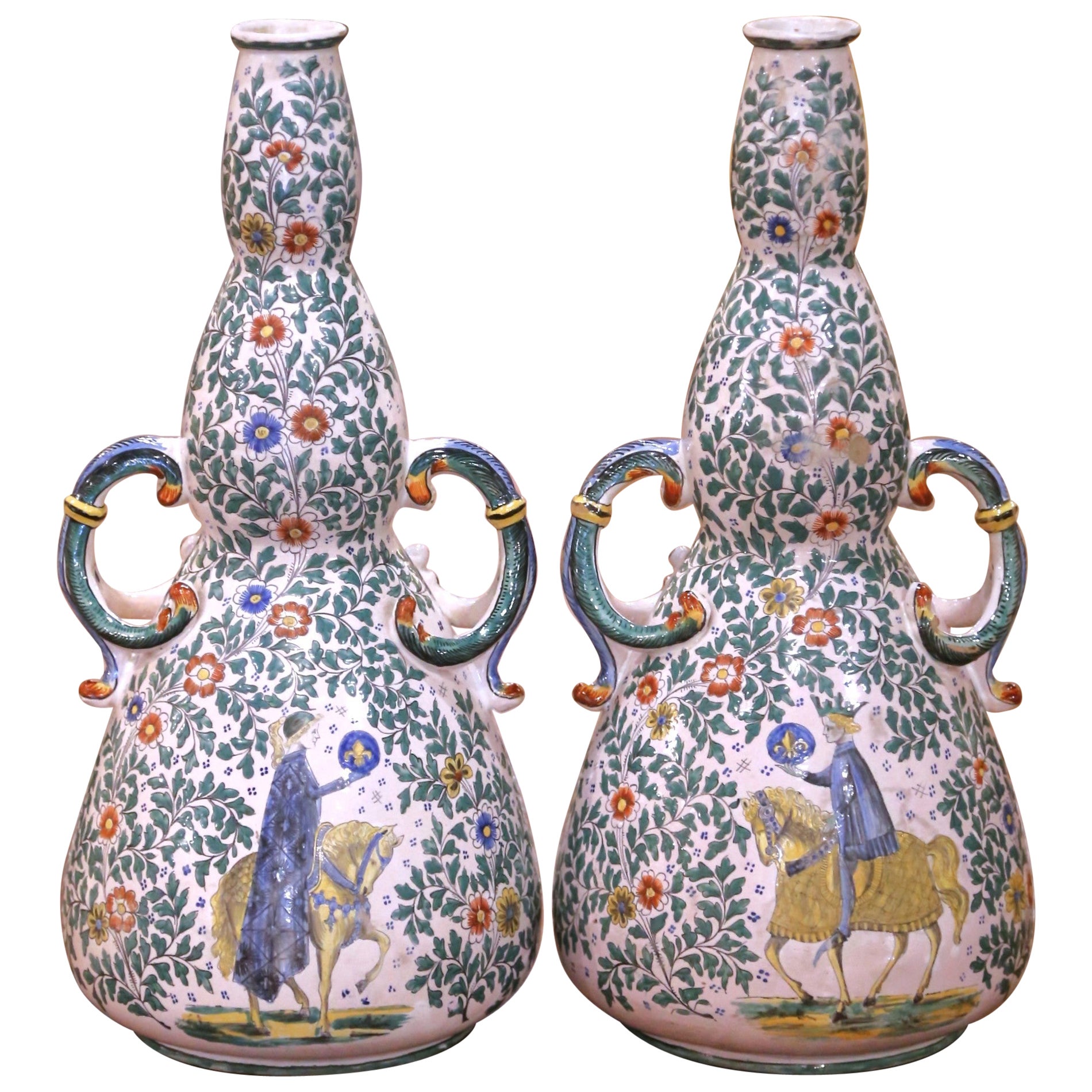 Pair 19th C. French Nevers Faience Ewers Depicting Henri IV and Marie de Medici