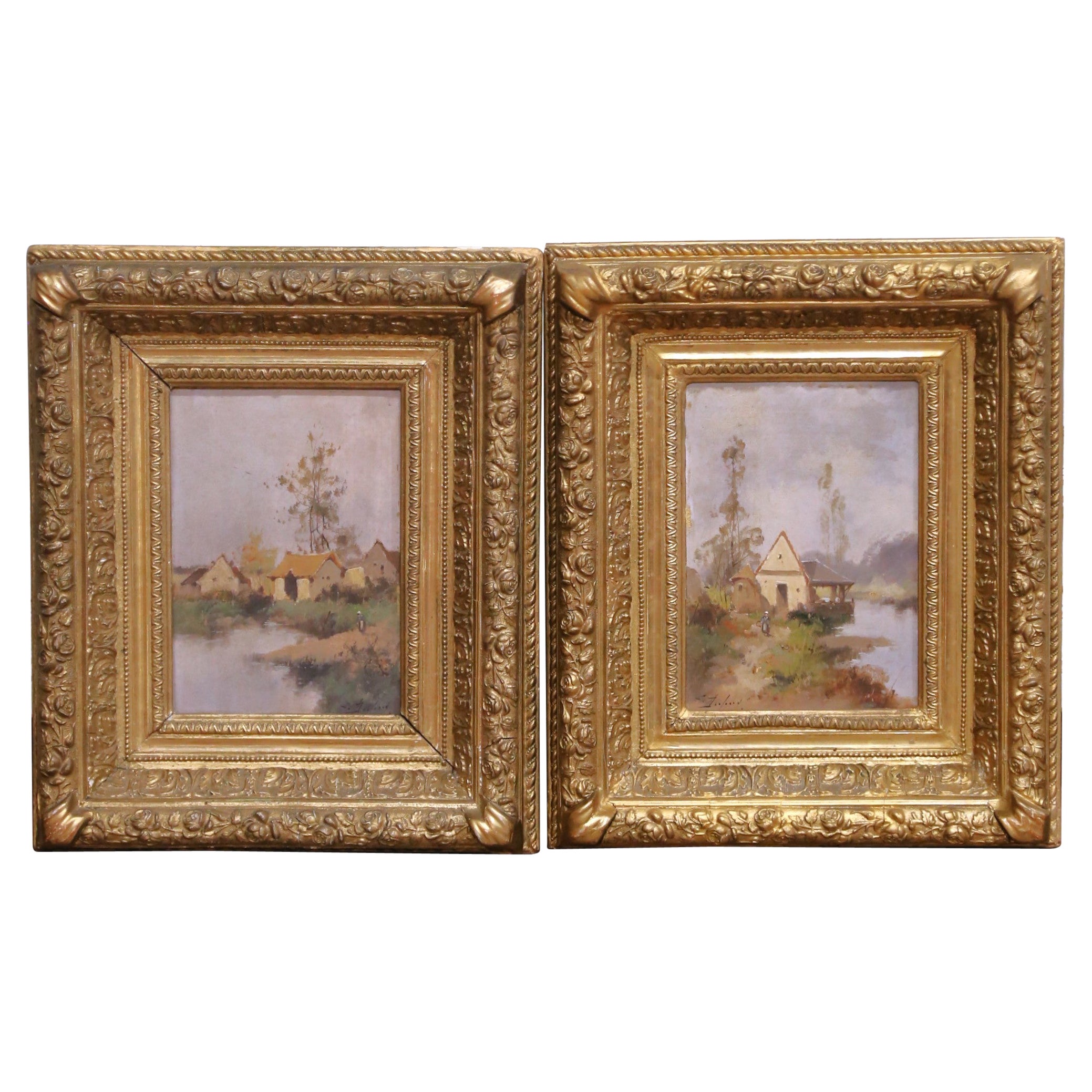 Pair 19th C. French Oil Paintings on Board Signed L. Dupuy for E. Galien-Laloue