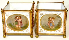 Pair 19th C. French Opaline & Gilt Bronze Aesthetic ' Fairy' Motif Cachepots