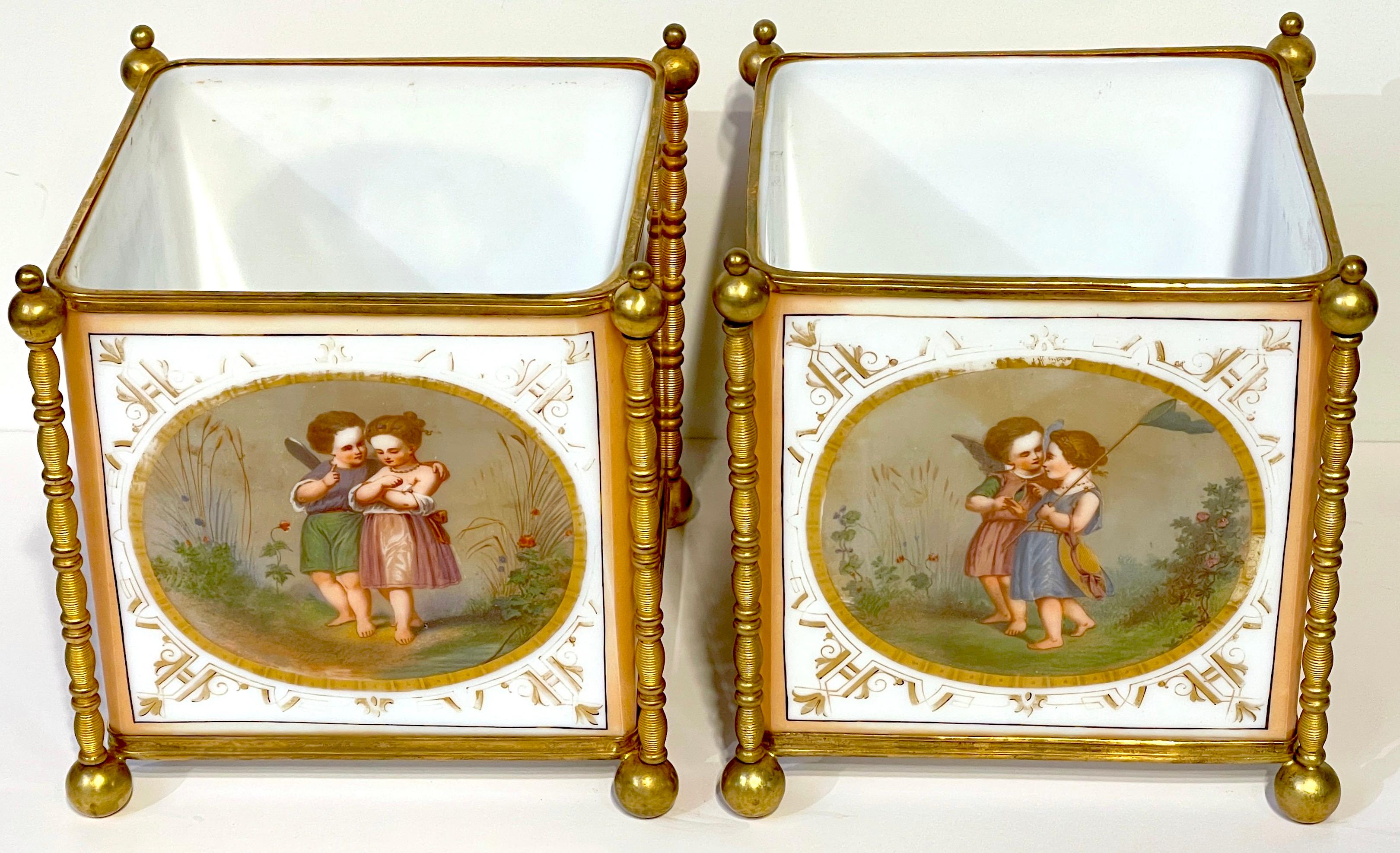 Aesthetic Movement Pair 19th C. French Opaline & Gilt Bronze Aesthetic ' Fairy' Motif Cachepots  For Sale