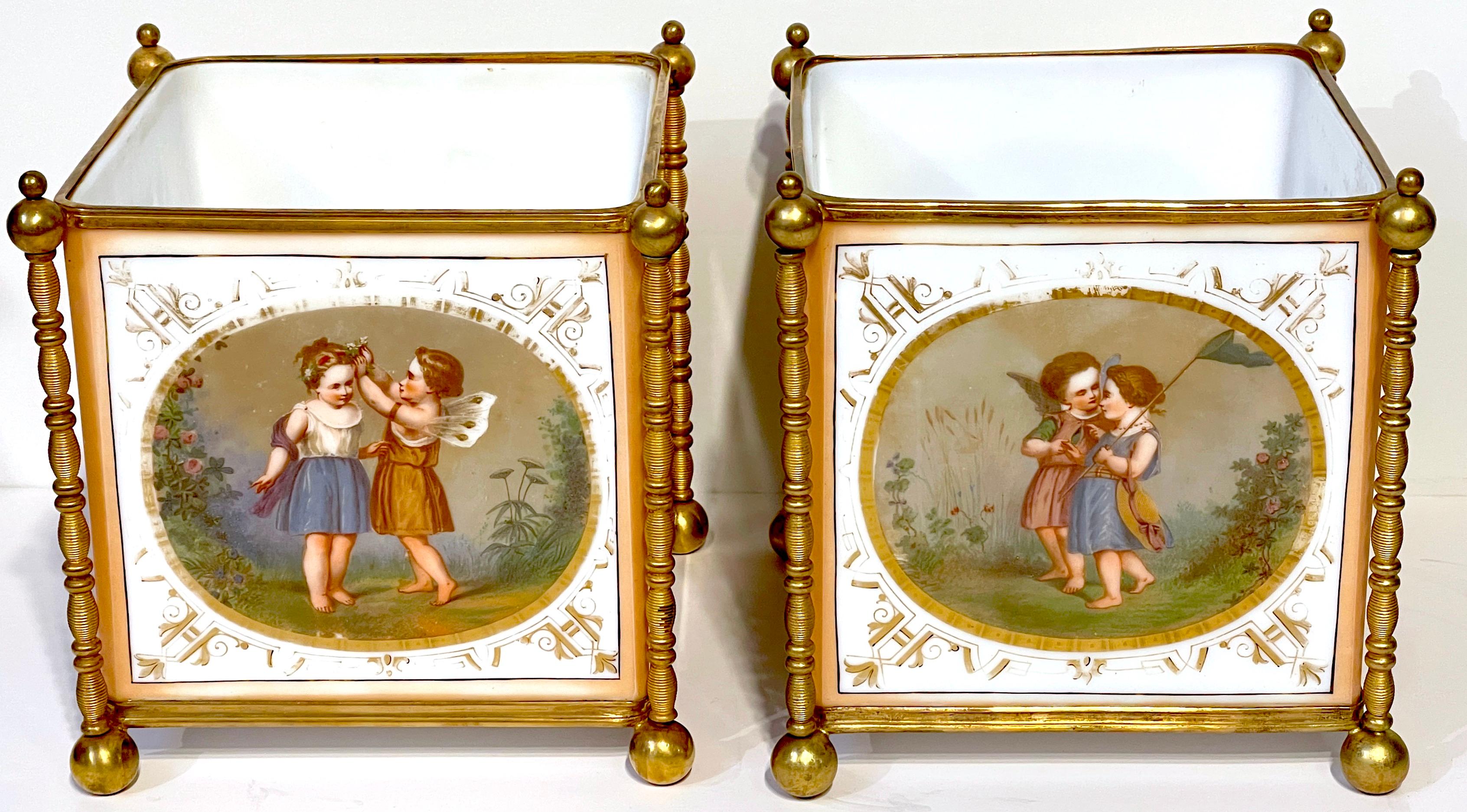 Pair 19th C. French Opaline & Gilt Bronze Aesthetic ' Fairy' Motif Cachepots  In Good Condition For Sale In West Palm Beach, FL