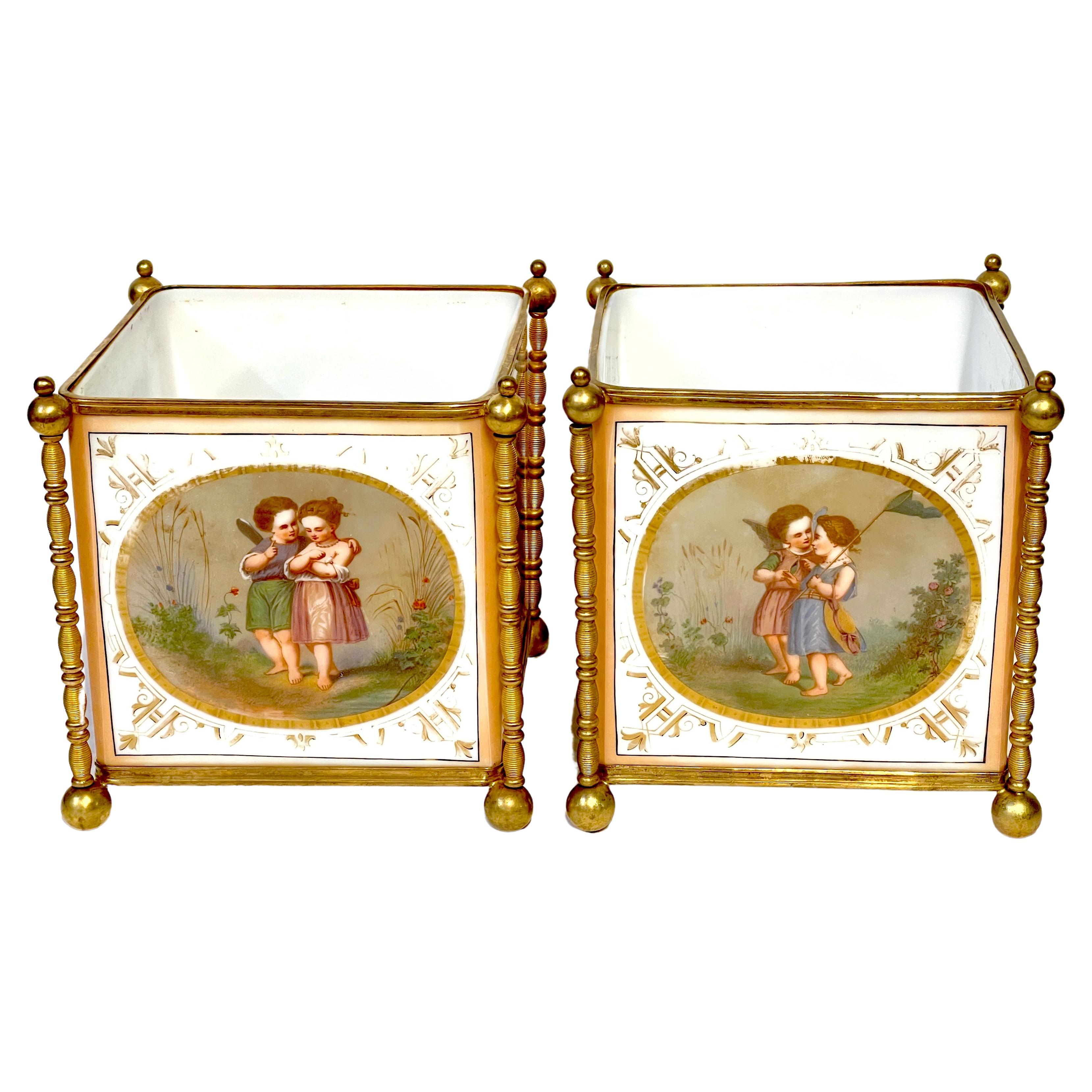 Pair 19th C. French Opaline & Gilt Bronze Aesthetic ' Fairy' Motif Cachepots  For Sale