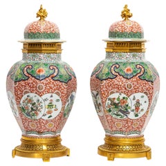 Pair 19th C. French Ormolu-Mounted Chinese Famille Verte Porcelain Covered Vases