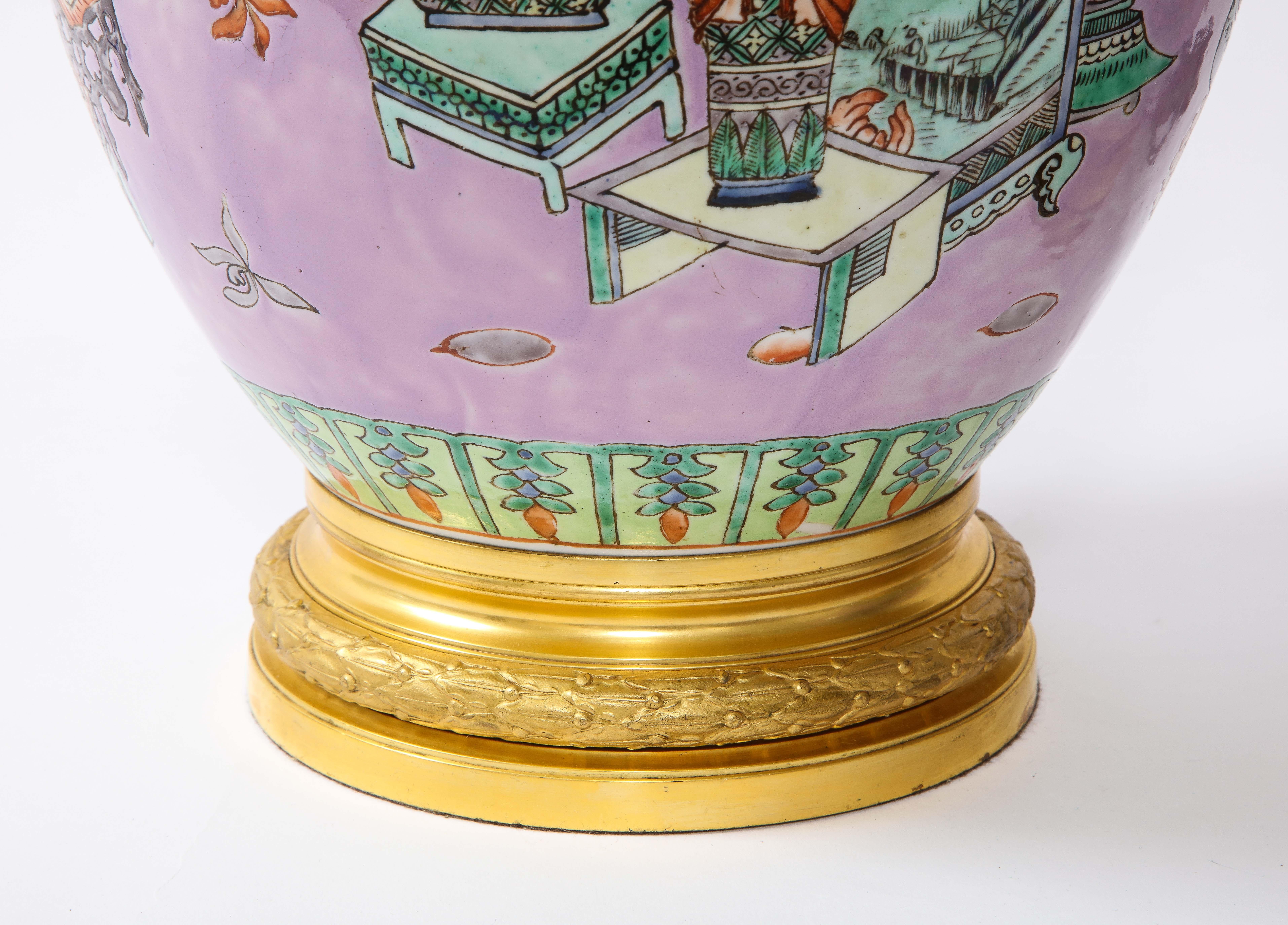 Pair French Ormolu Mounted Chinese Lavender Ground Porcelain Lamps For Sale 5