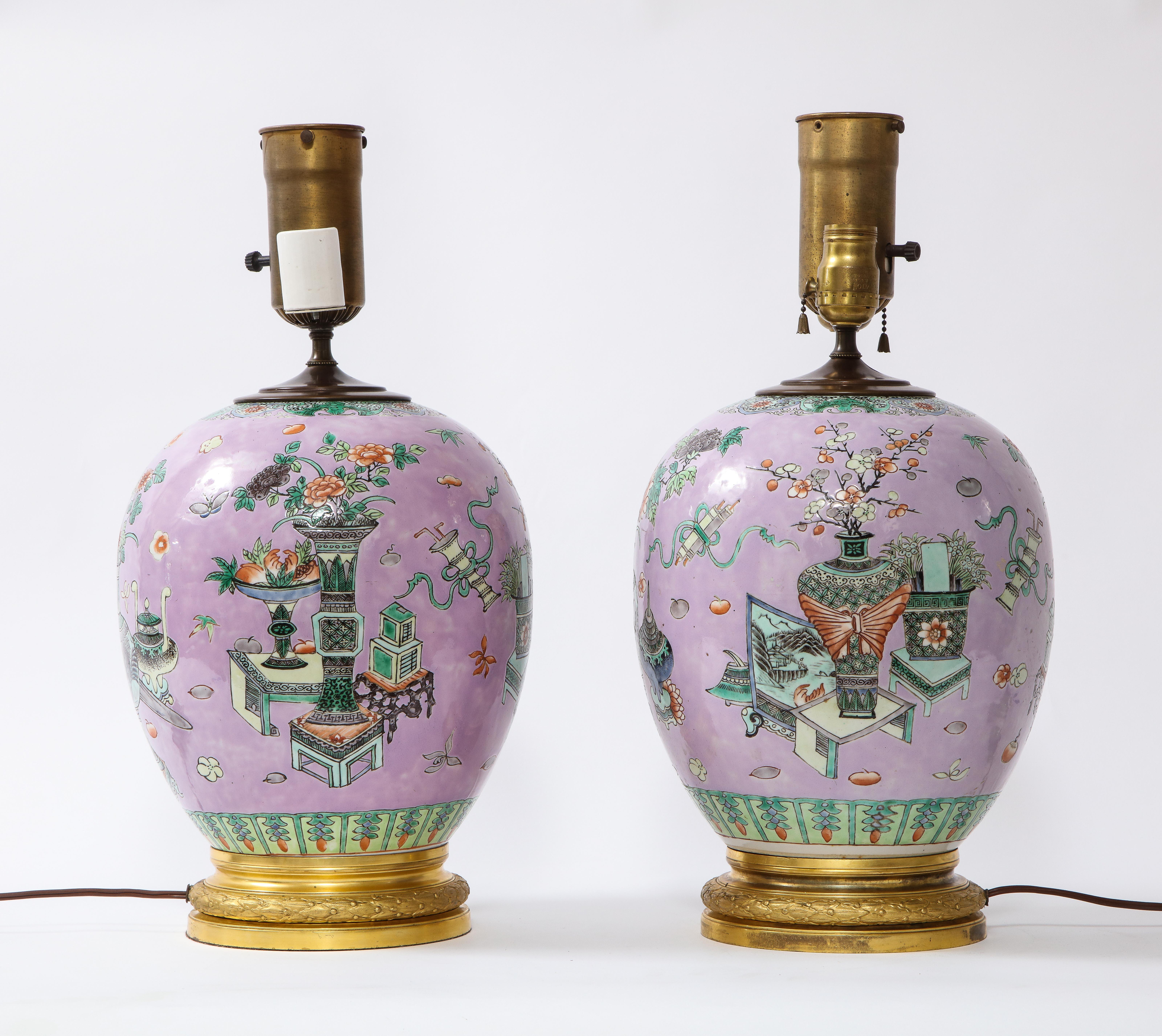 Louis XVI Pair French Ormolu Mounted Chinese Lavender Ground Porcelain Lamps For Sale