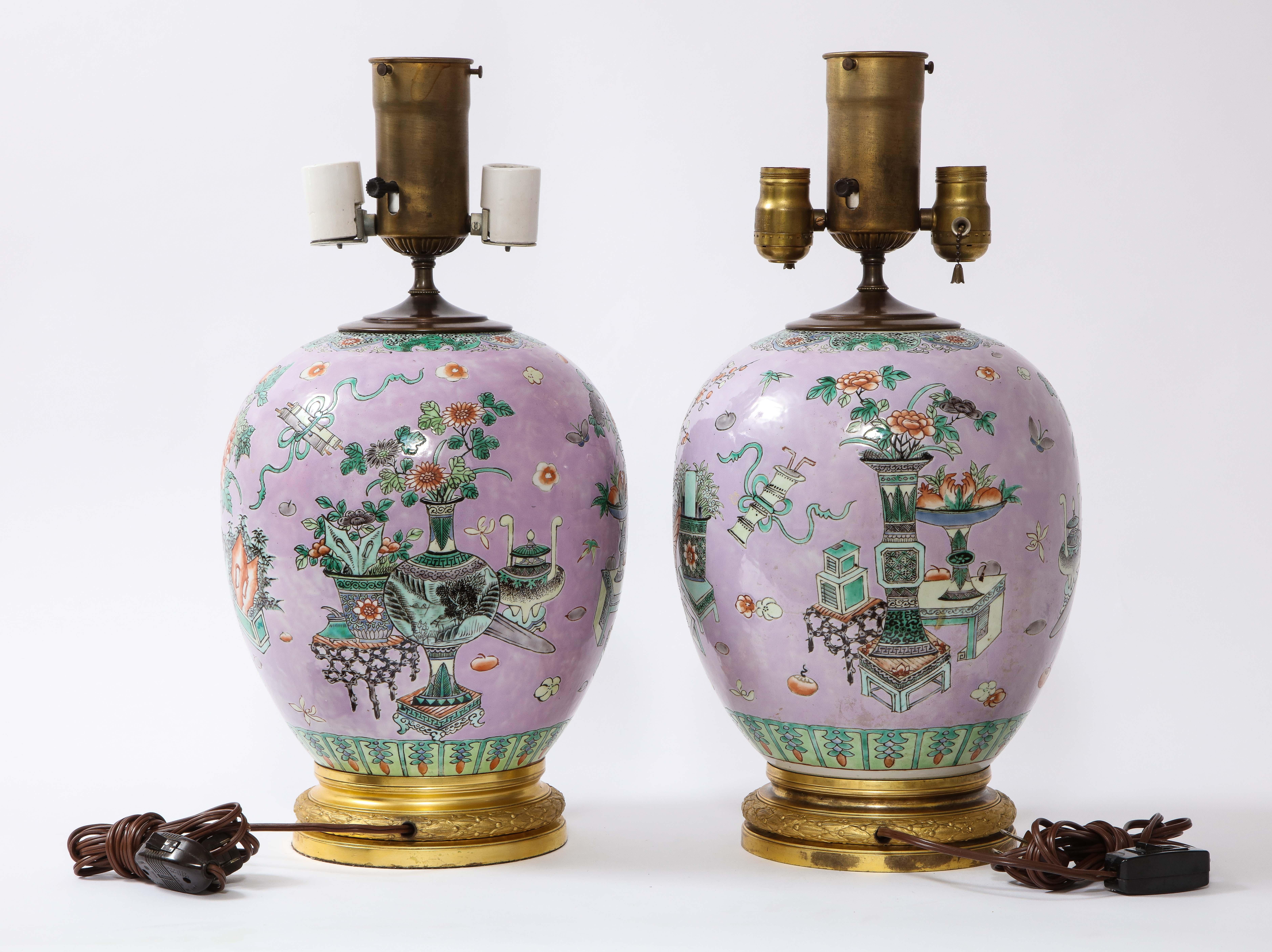 Enameled Pair French Ormolu Mounted Chinese Lavender Ground Porcelain Lamps For Sale