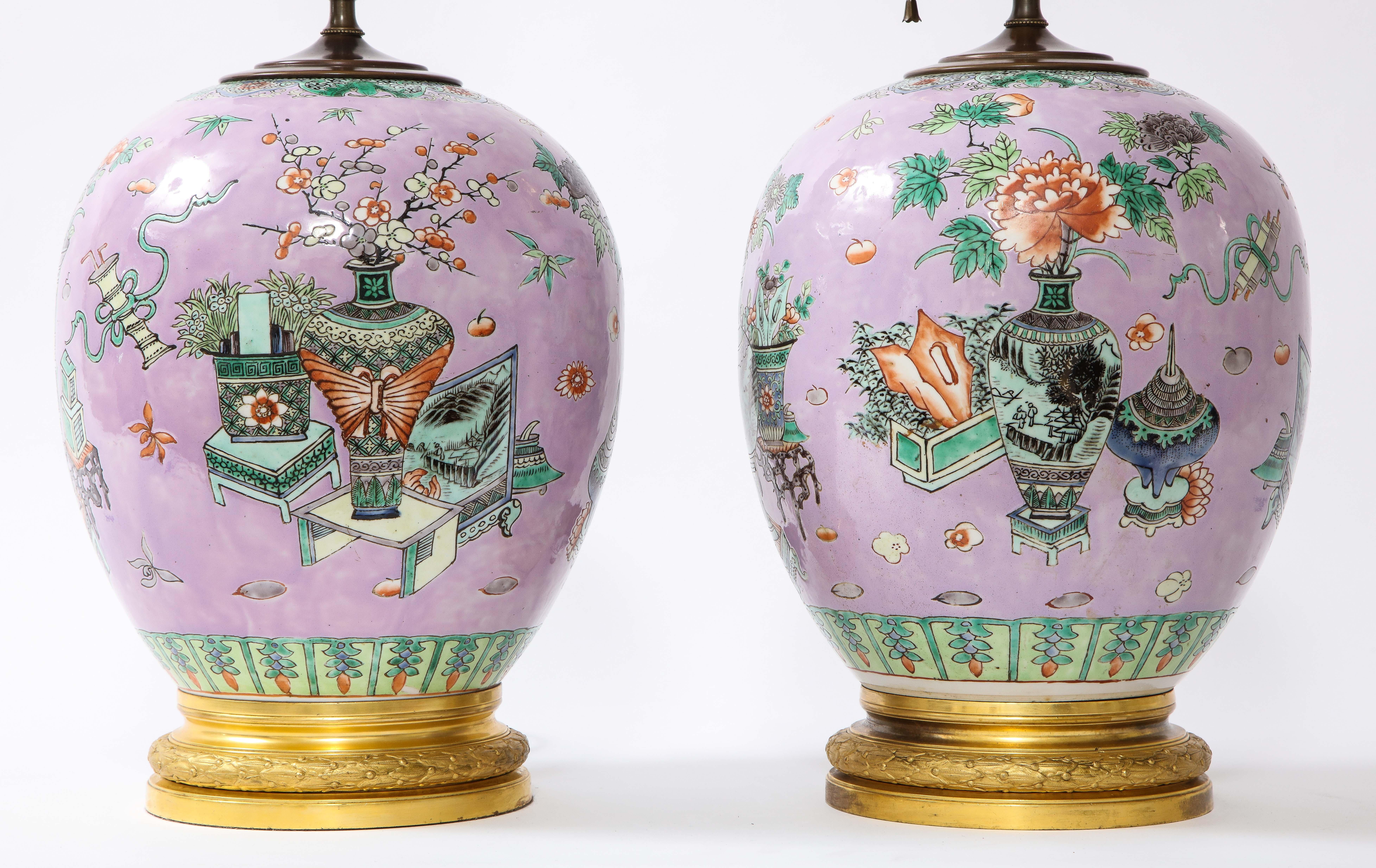 Pair French Ormolu Mounted Chinese Lavender Ground Porcelain Lamps In Good Condition For Sale In New York, NY