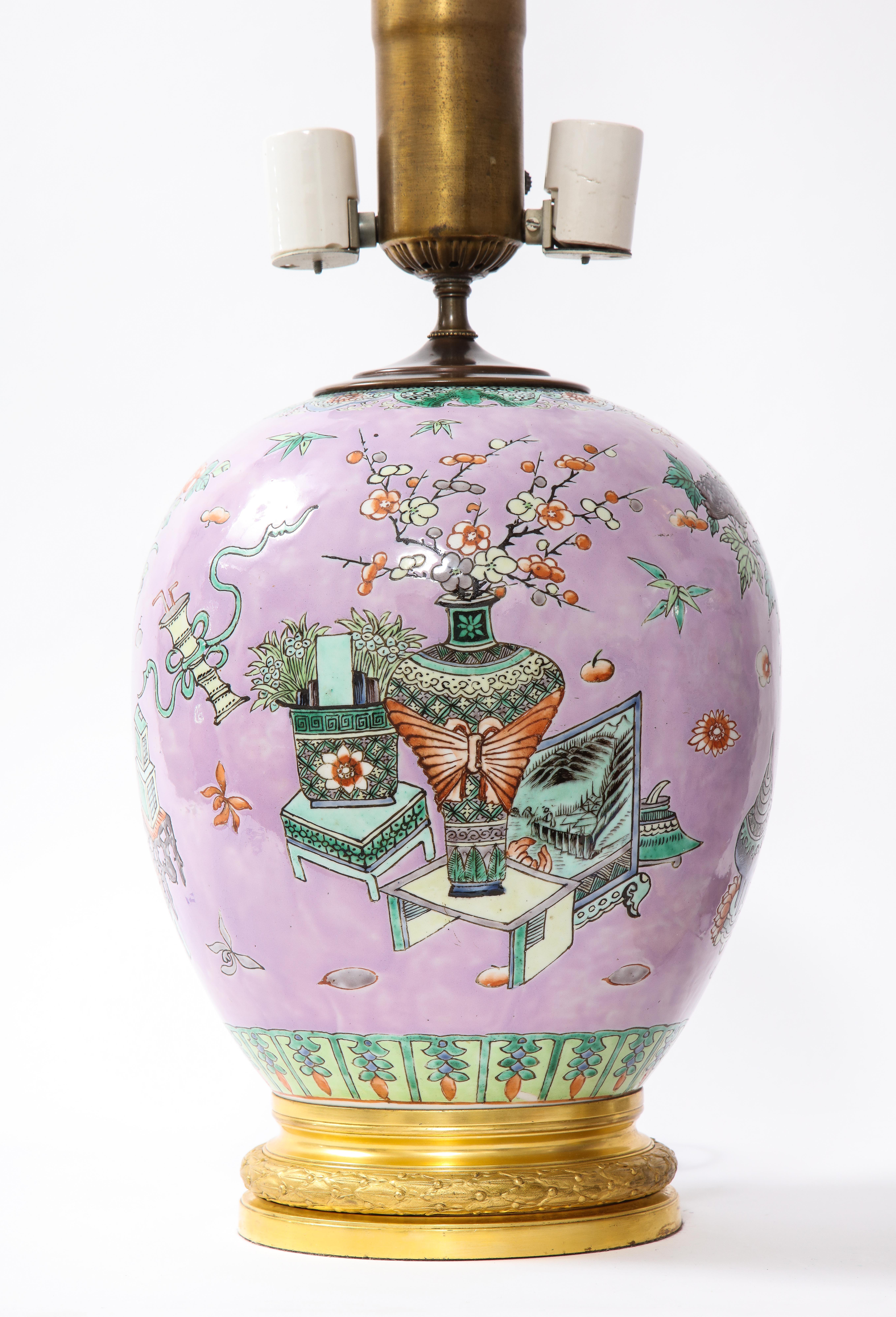 20th Century Pair French Ormolu Mounted Chinese Lavender Ground Porcelain Lamps For Sale