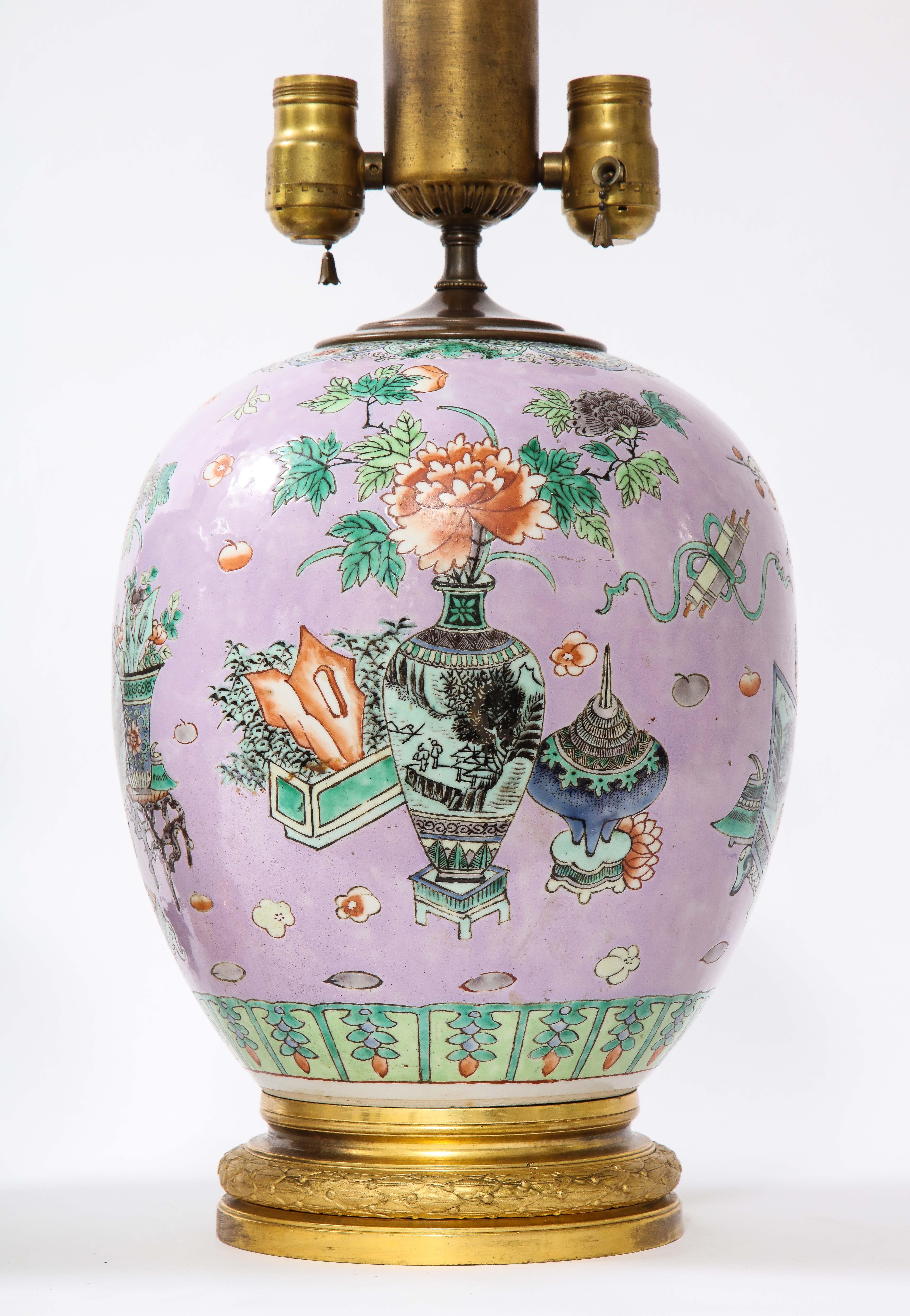 Pair French Ormolu Mounted Chinese Lavender Ground Porcelain Lamps For Sale 1