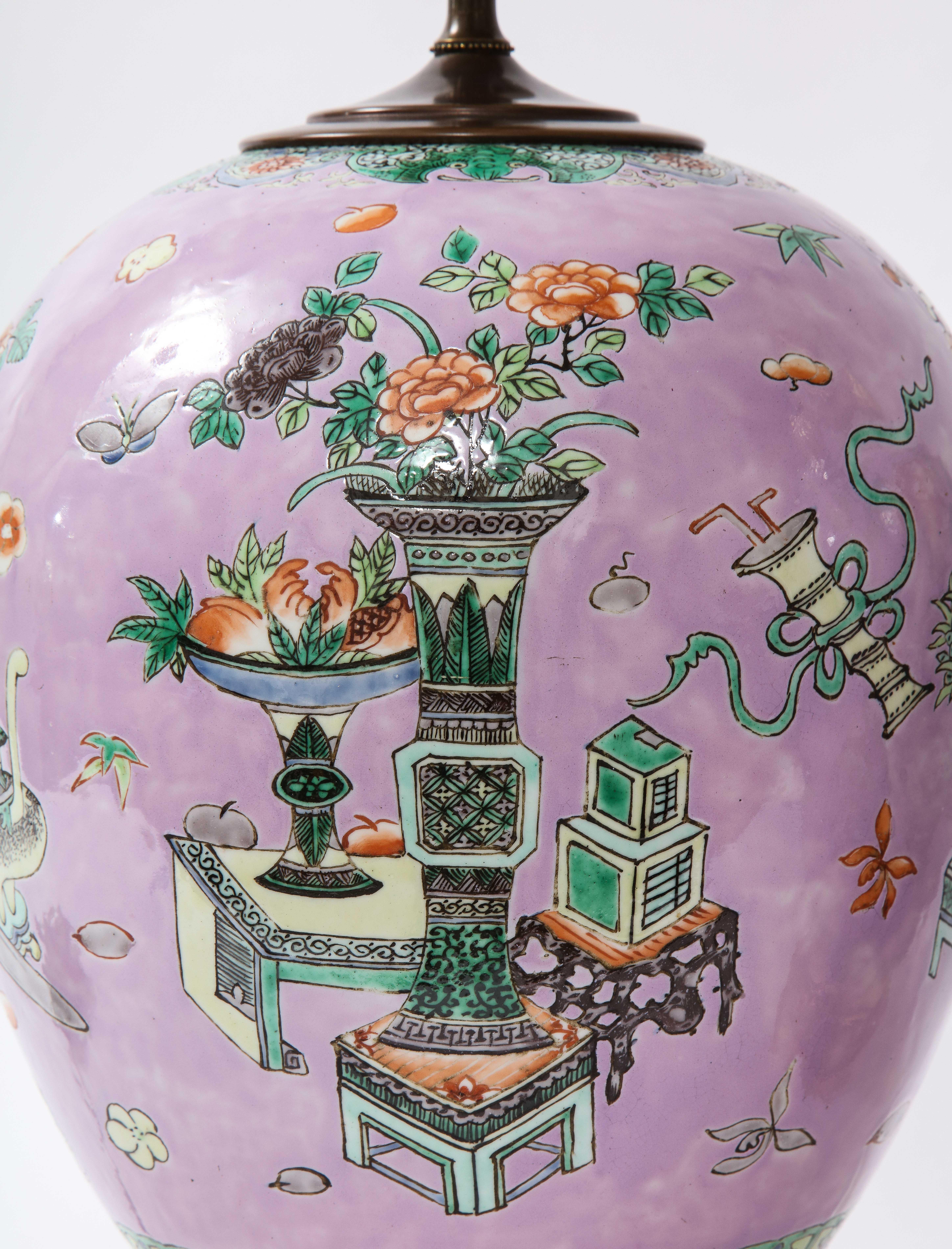 Pair French Ormolu Mounted Chinese Lavender Ground Porcelain Lamps For Sale 2