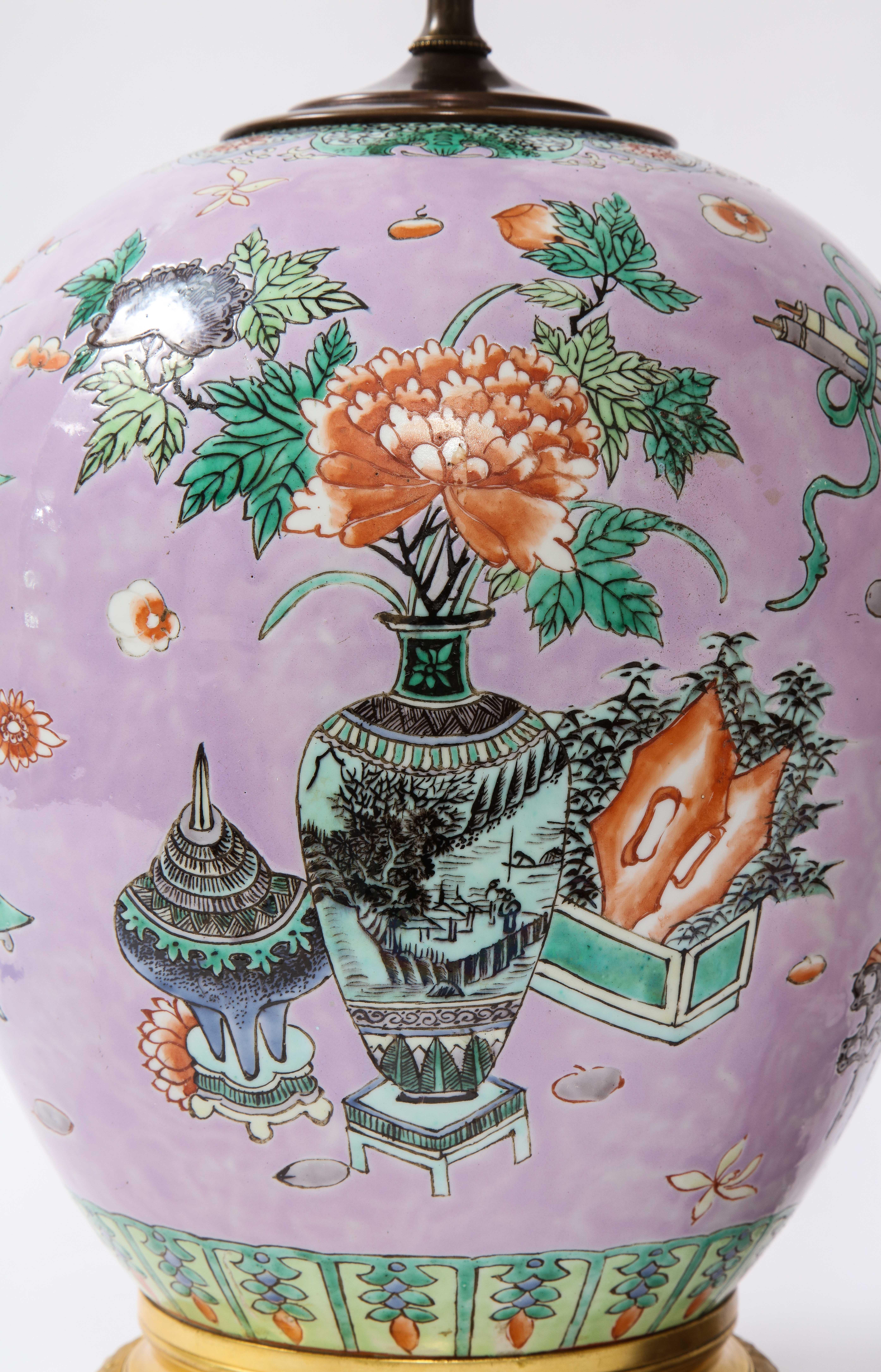 Pair French Ormolu Mounted Chinese Lavender Ground Porcelain Lamps For Sale 3