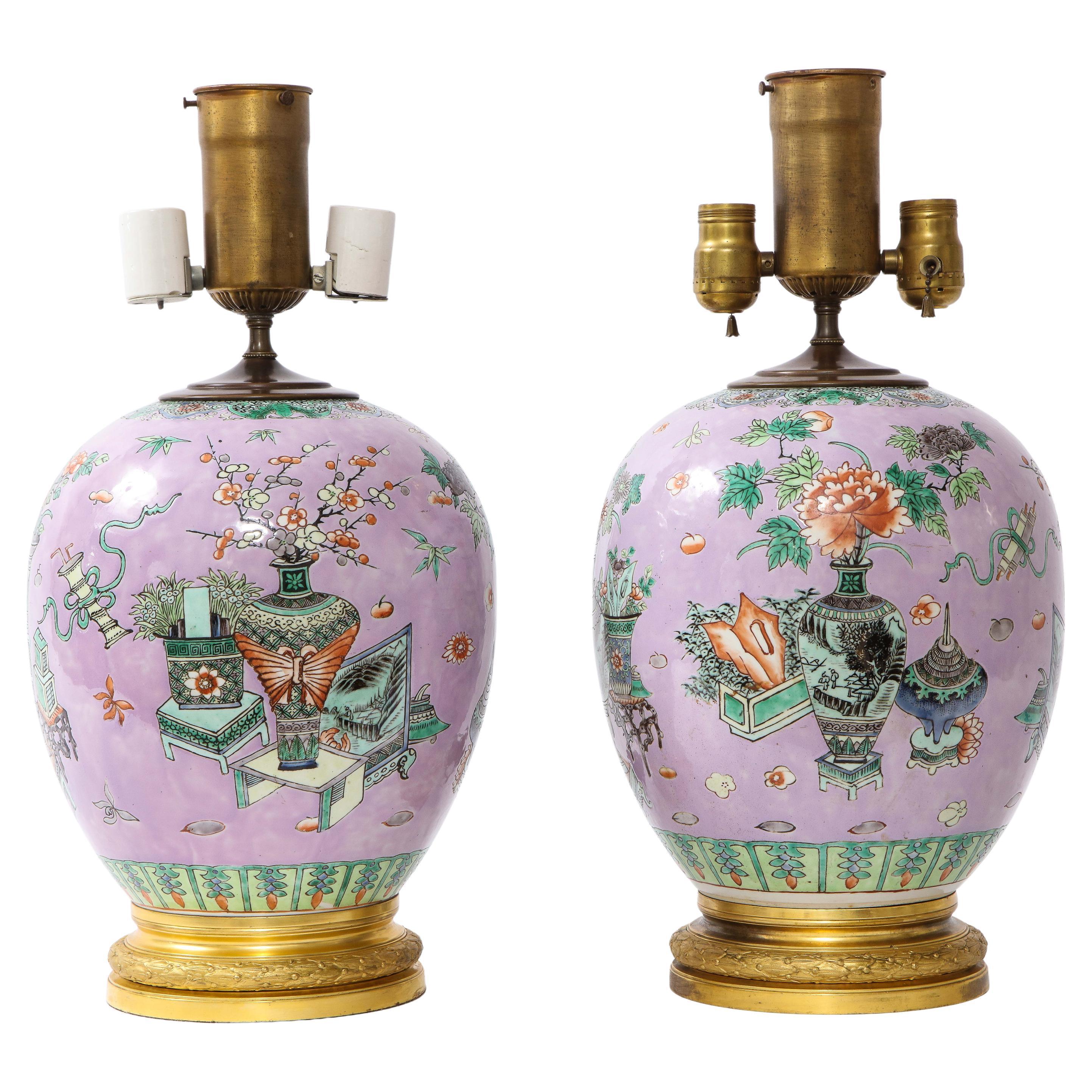 Pair French Ormolu Mounted Chinese Lavender Ground Porcelain Lamps