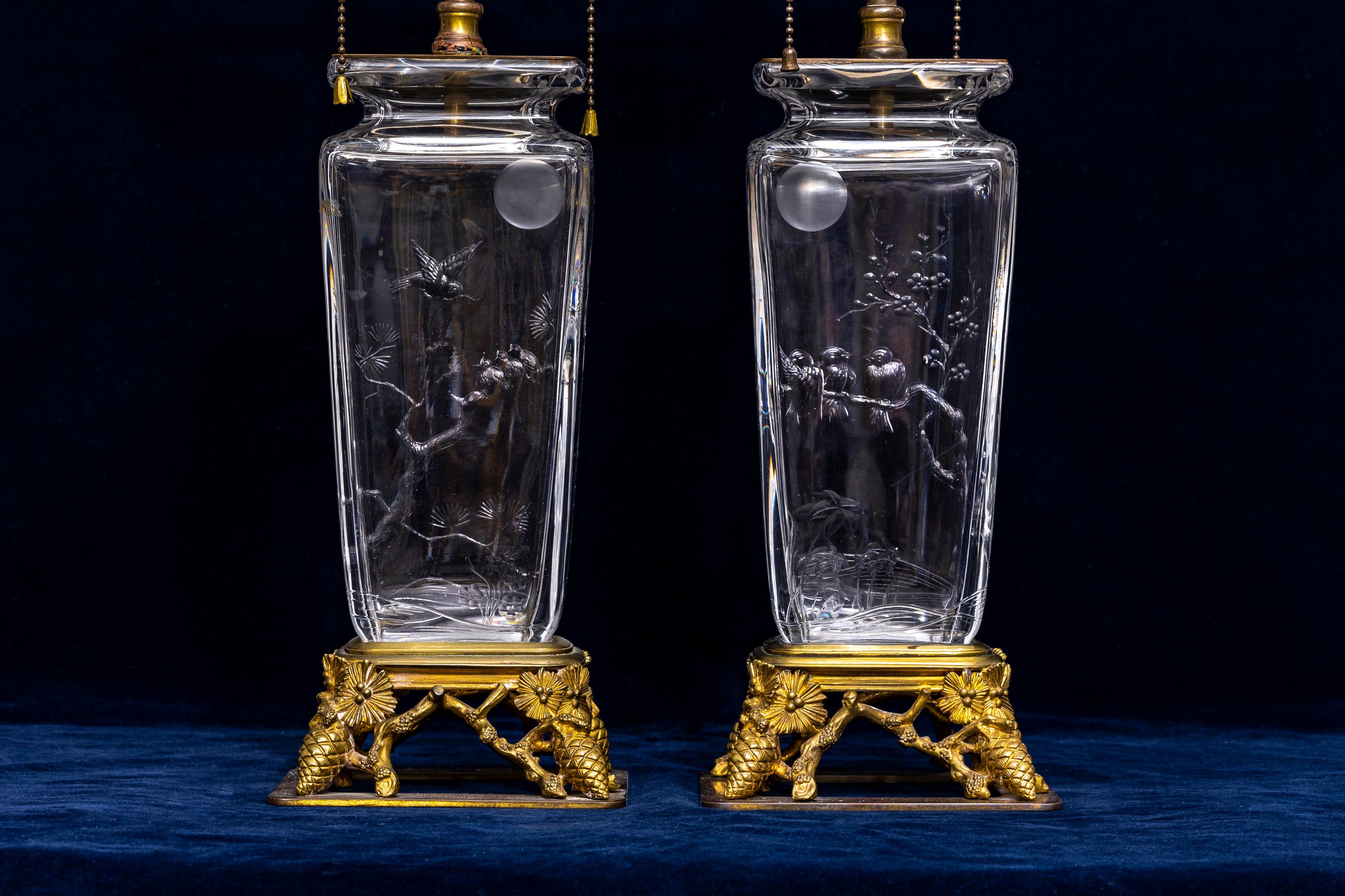 Paar 19. C. Französisch Ormolu Mtd. Chinoiserie Baccarat Schnitt-Kristall Vasen/Lampen im Angebot 1