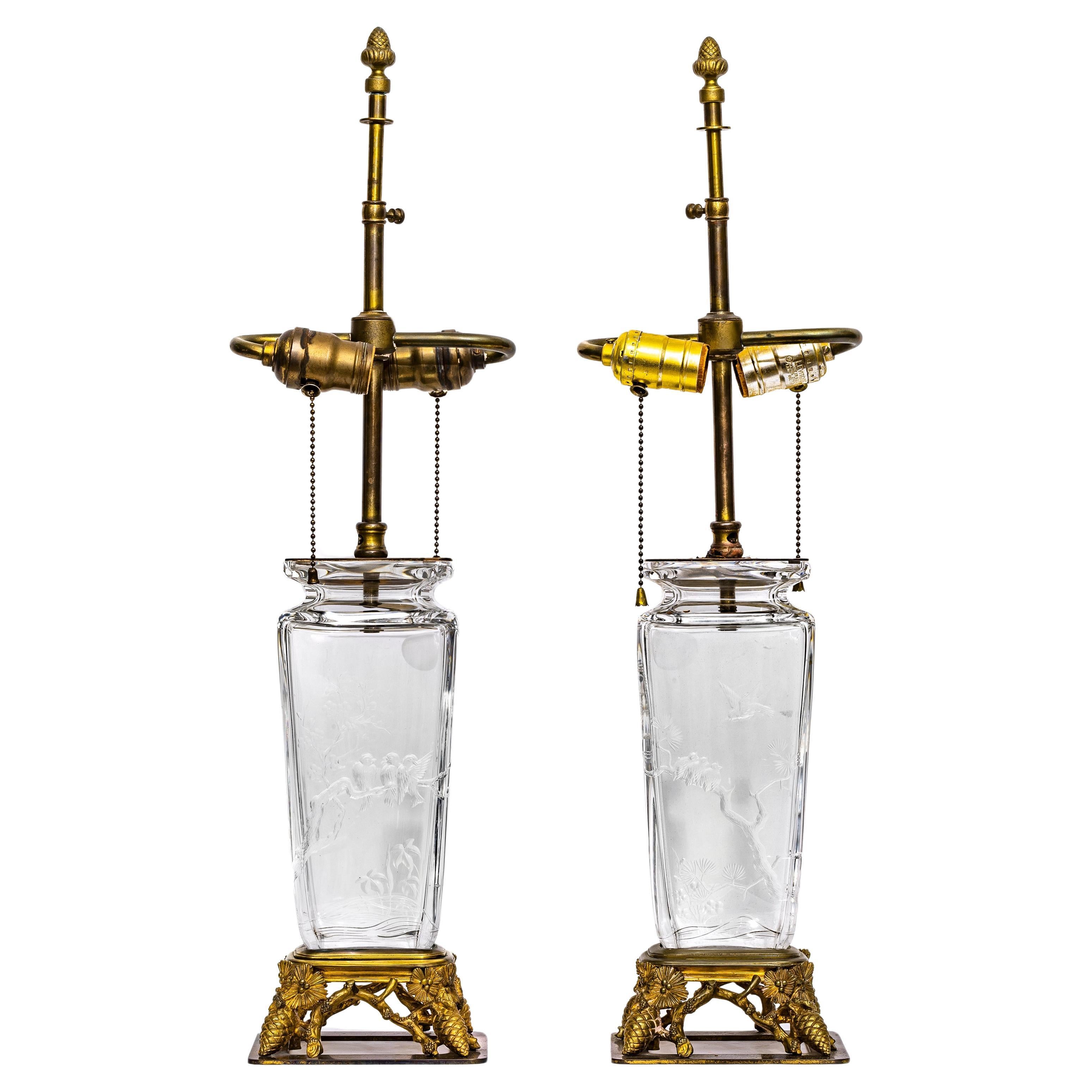 Pair 19th C. French Ormolu Mtd. Chinoiserie Baccarat Cut-Crystal Vases/Lamps