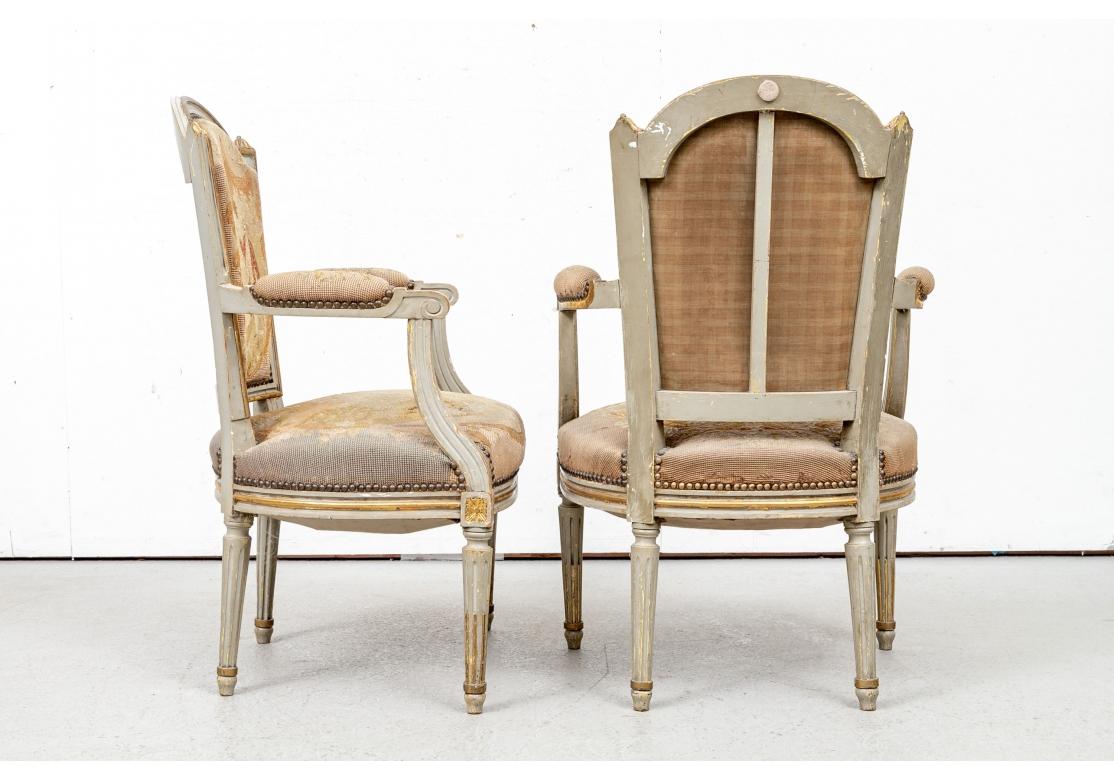 Pair 19th C. French Paint and Gilt Decorated Fauteuils For Sale 4