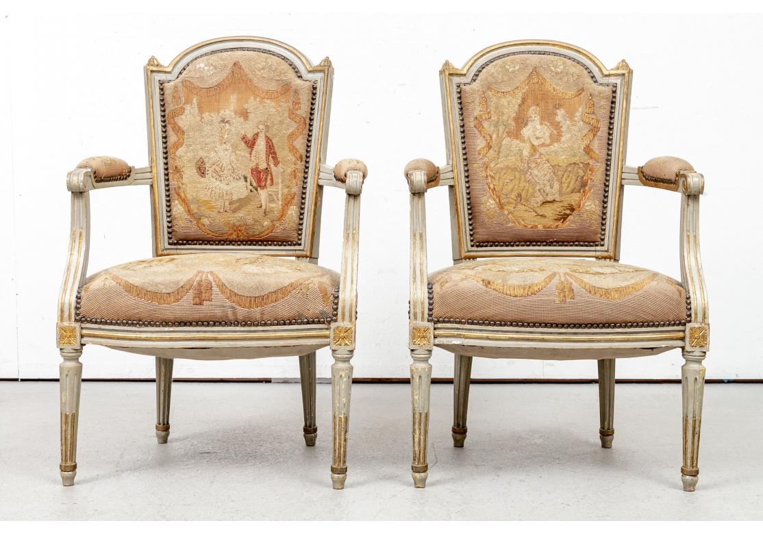 Pair 19th C. French Paint and Gilt Decorated Fauteuils For Sale 1