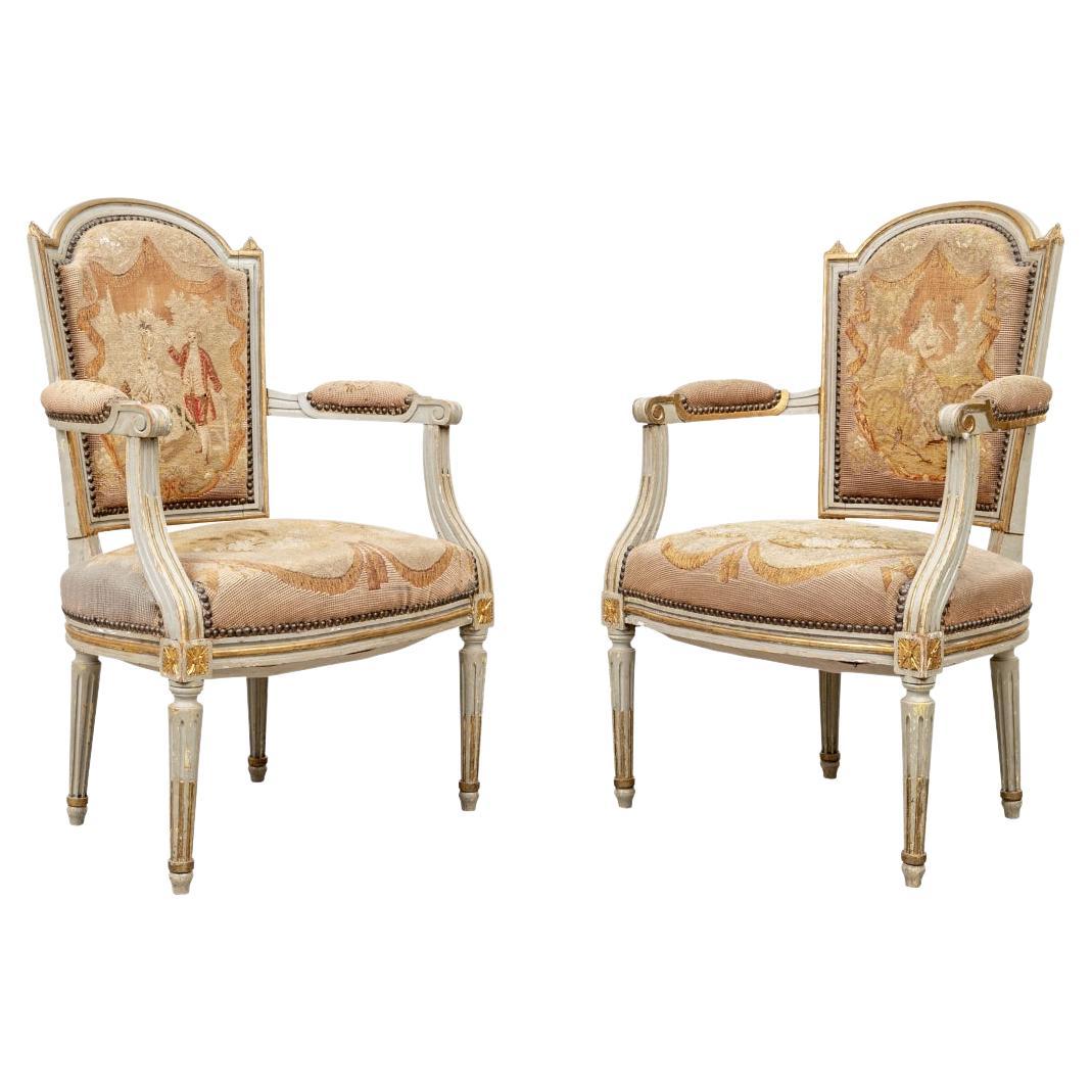 Pair 19th C. French Paint and Gilt Decorated Fauteuils For Sale
