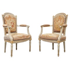 Pair 19th C. French Paint and Gilt Decorated Fauteuils