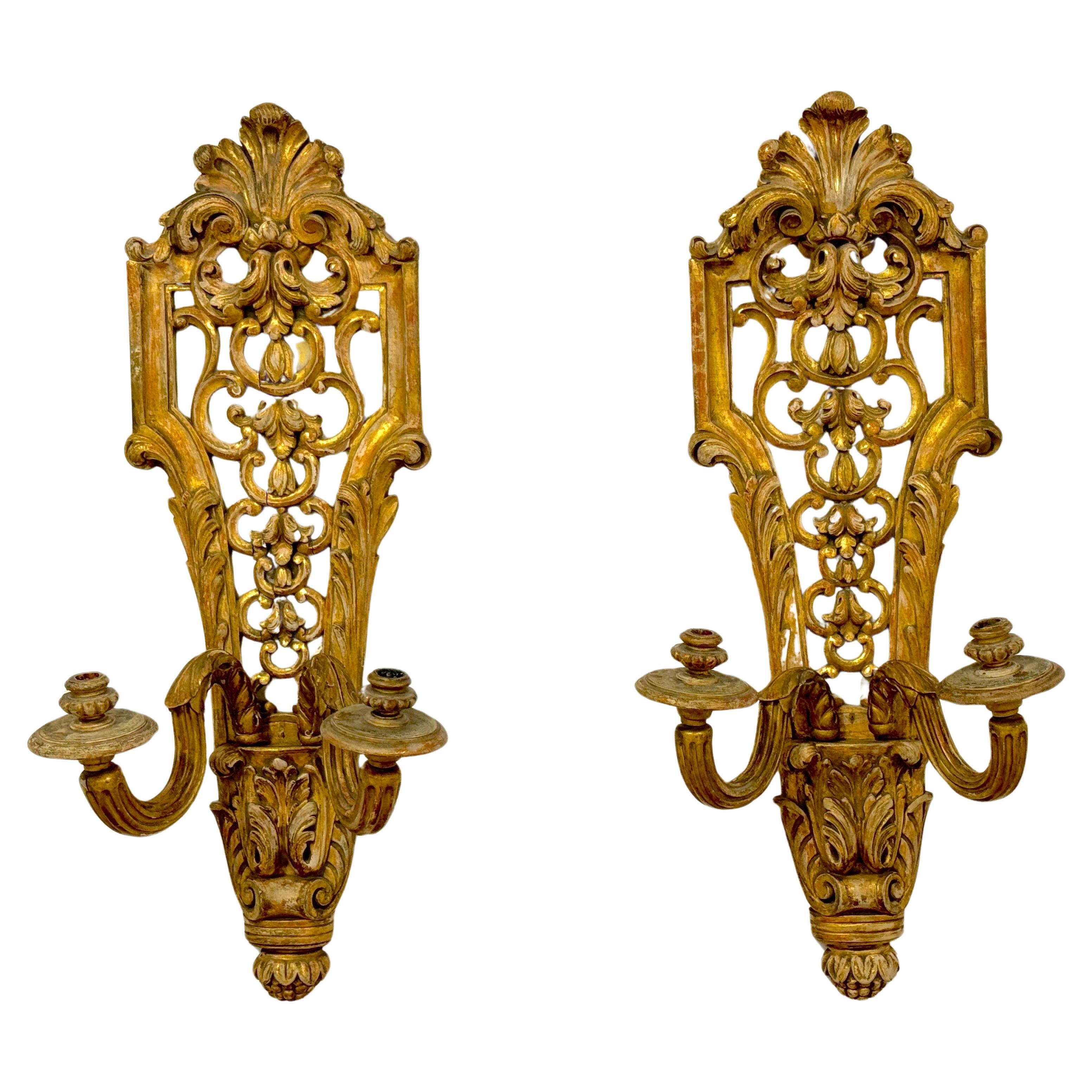 Pair 19th C. French Regence Style Carved Giltwood & Mirrored Wall Candle sconces