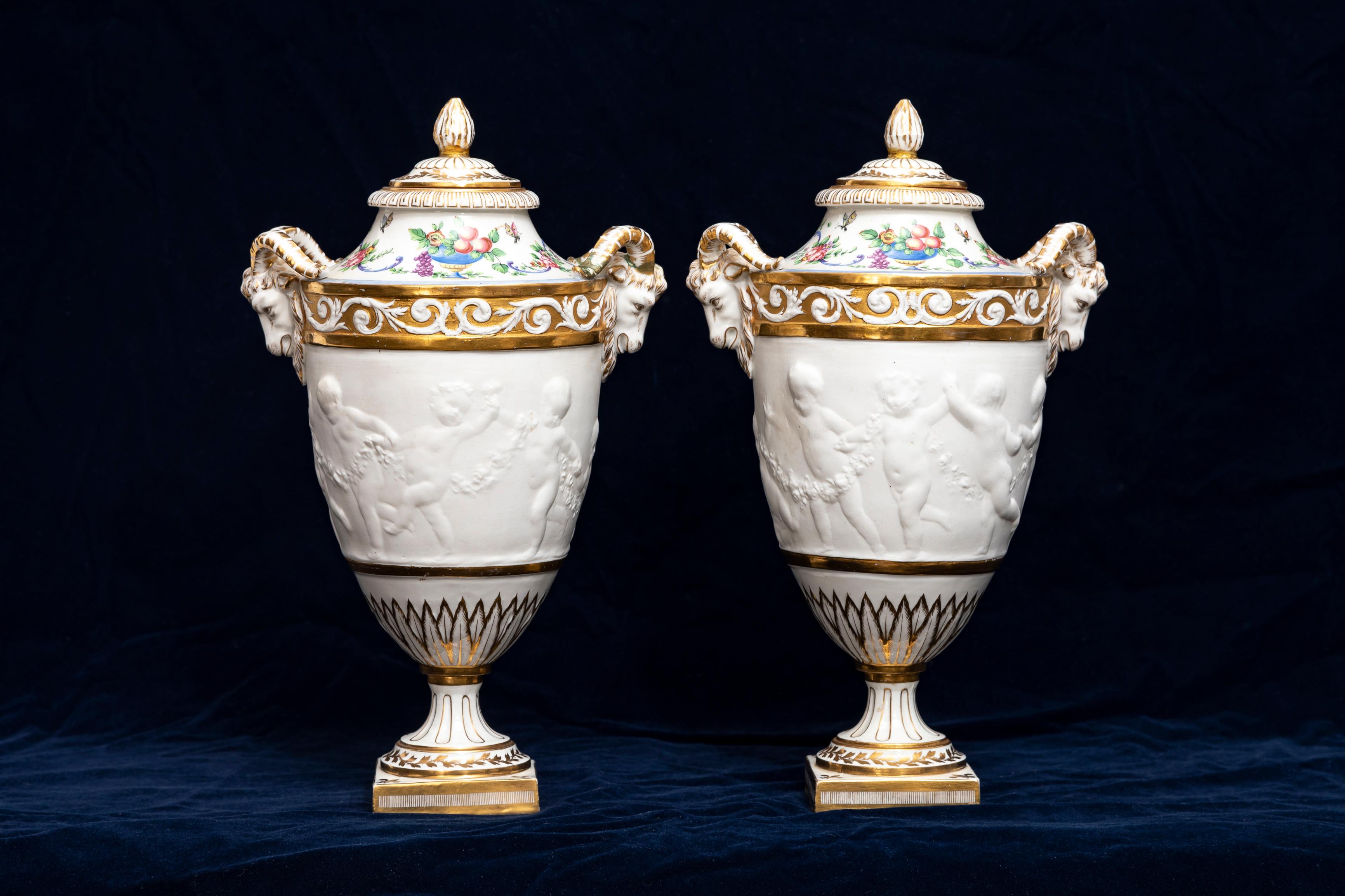 Pair 19th C. French Sevres Biscuit Porcelain Lidded Vases w/ Rams Head and Putti 4