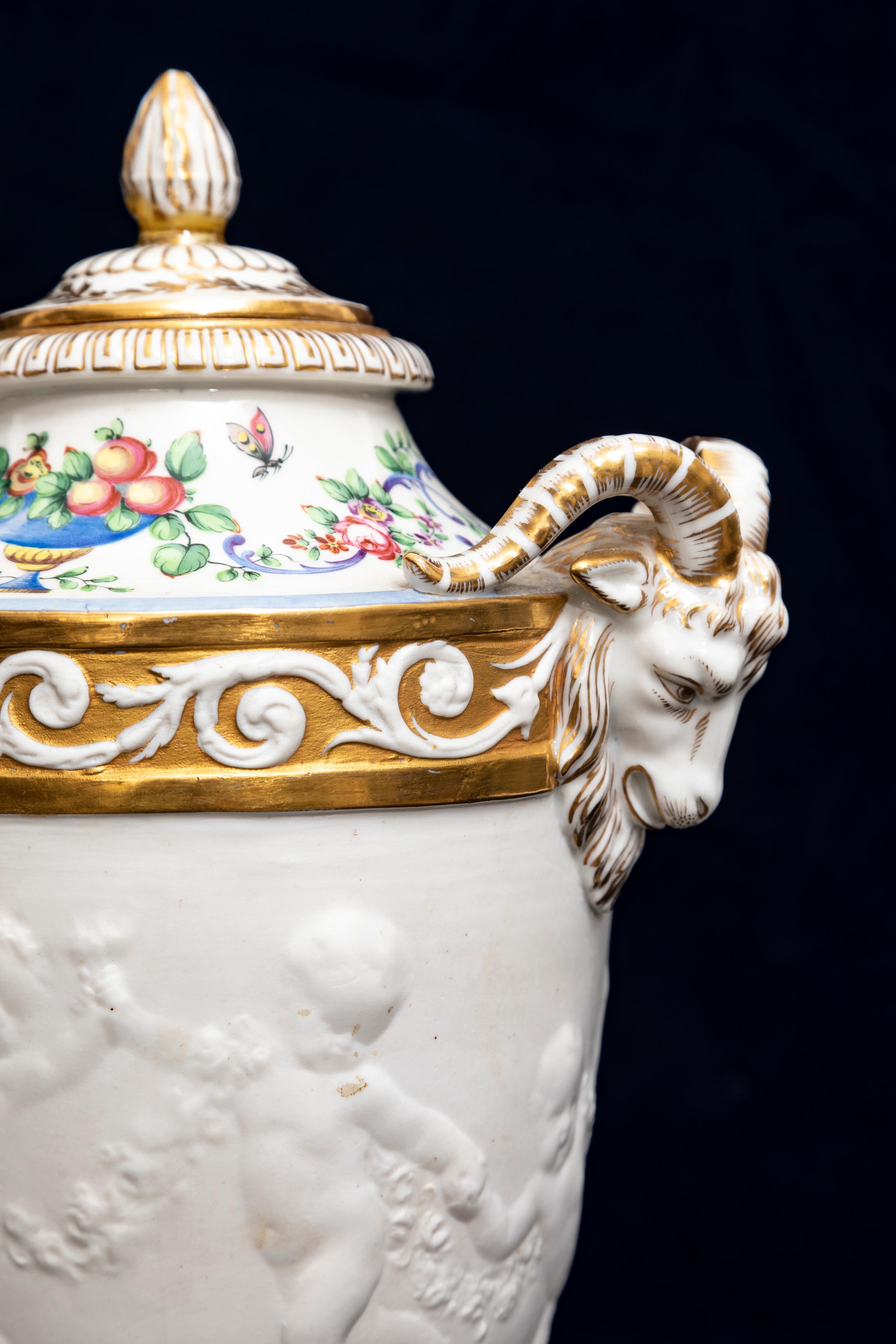 Pair 19th C. French Sevres Biscuit Porcelain Lidded Vases w/ Rams Head and Putti 5
