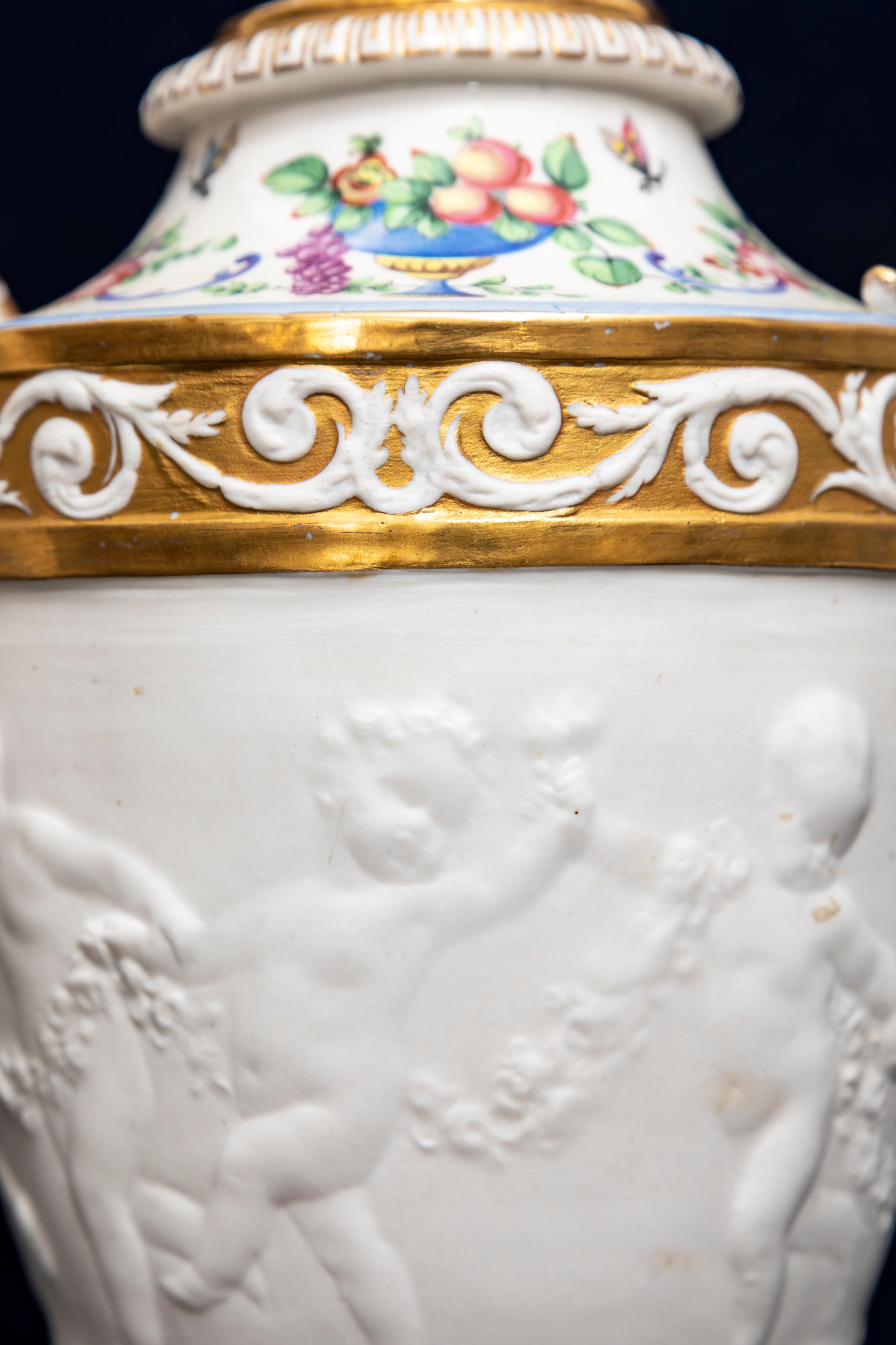 Pair 19th C. French Sevres Biscuit Porcelain Lidded Vases w/ Rams Head and Putti 6