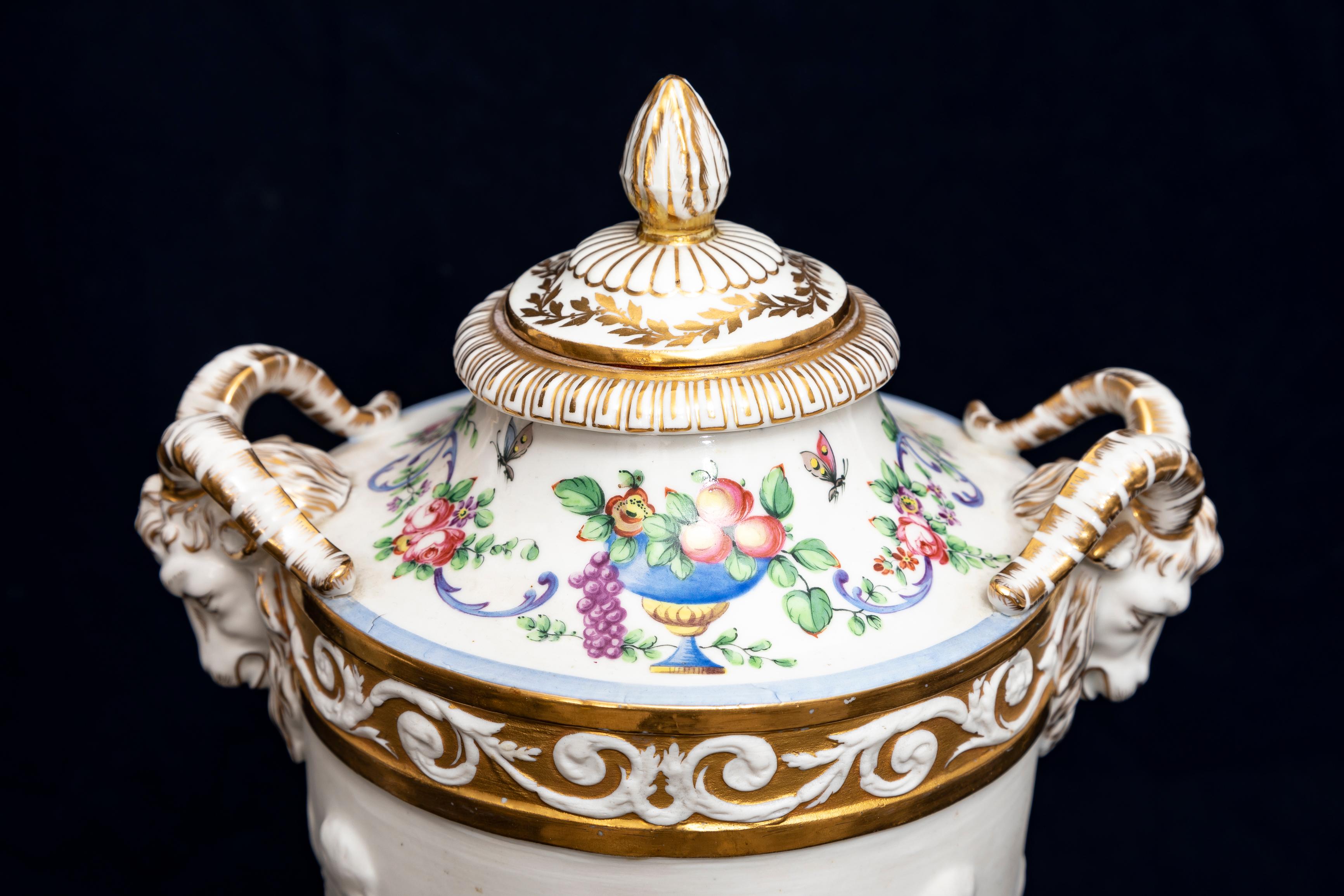 Pair 19th C. French Sevres Biscuit Porcelain Lidded Vases w/ Rams Head and Putti 7