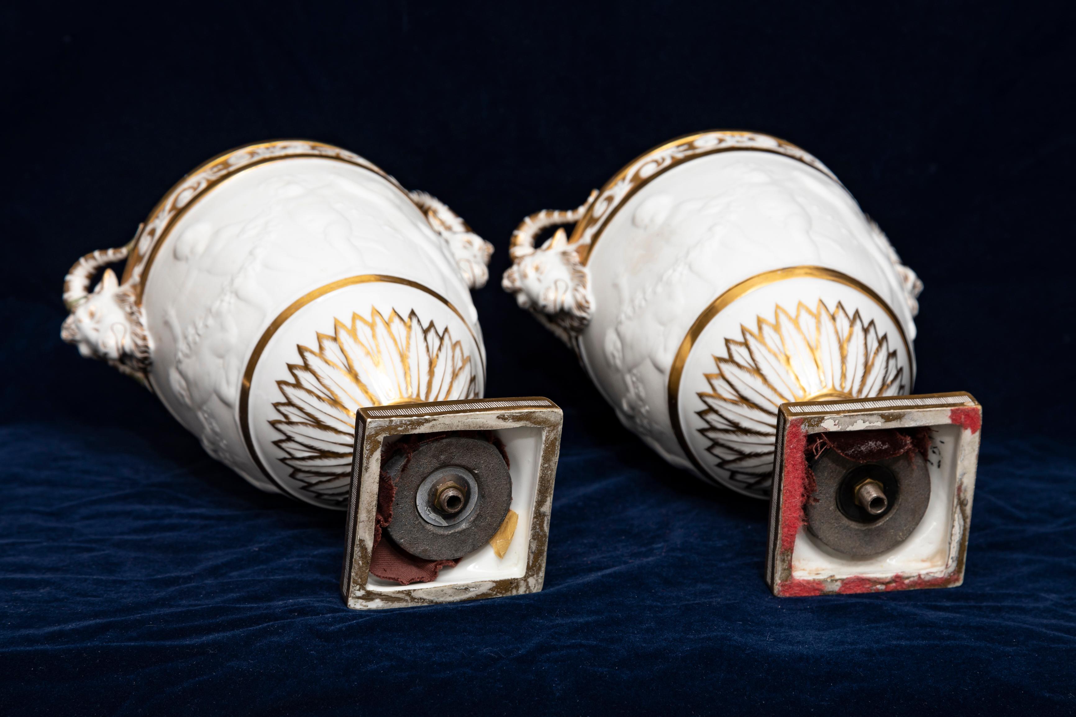Pair 19th C. French Sevres Biscuit Porcelain Lidded Vases w/ Rams Head and Putti 9