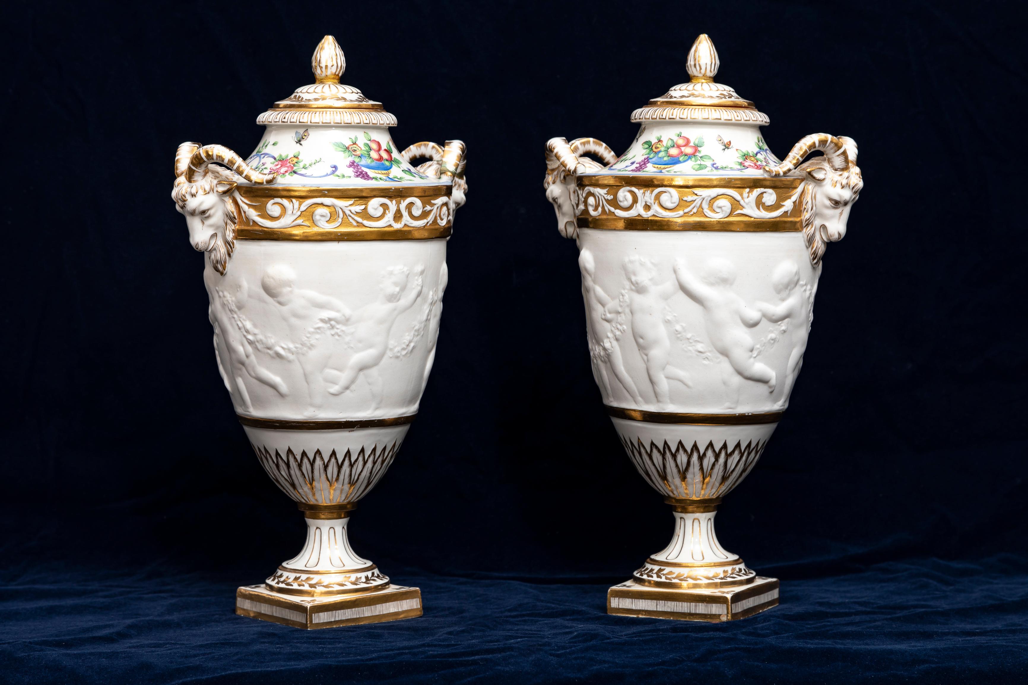 Pair 19th C. French Sevres Biscuit Porcelain Lidded Vases w/ Rams Head and Putti In Good Condition In New York, NY