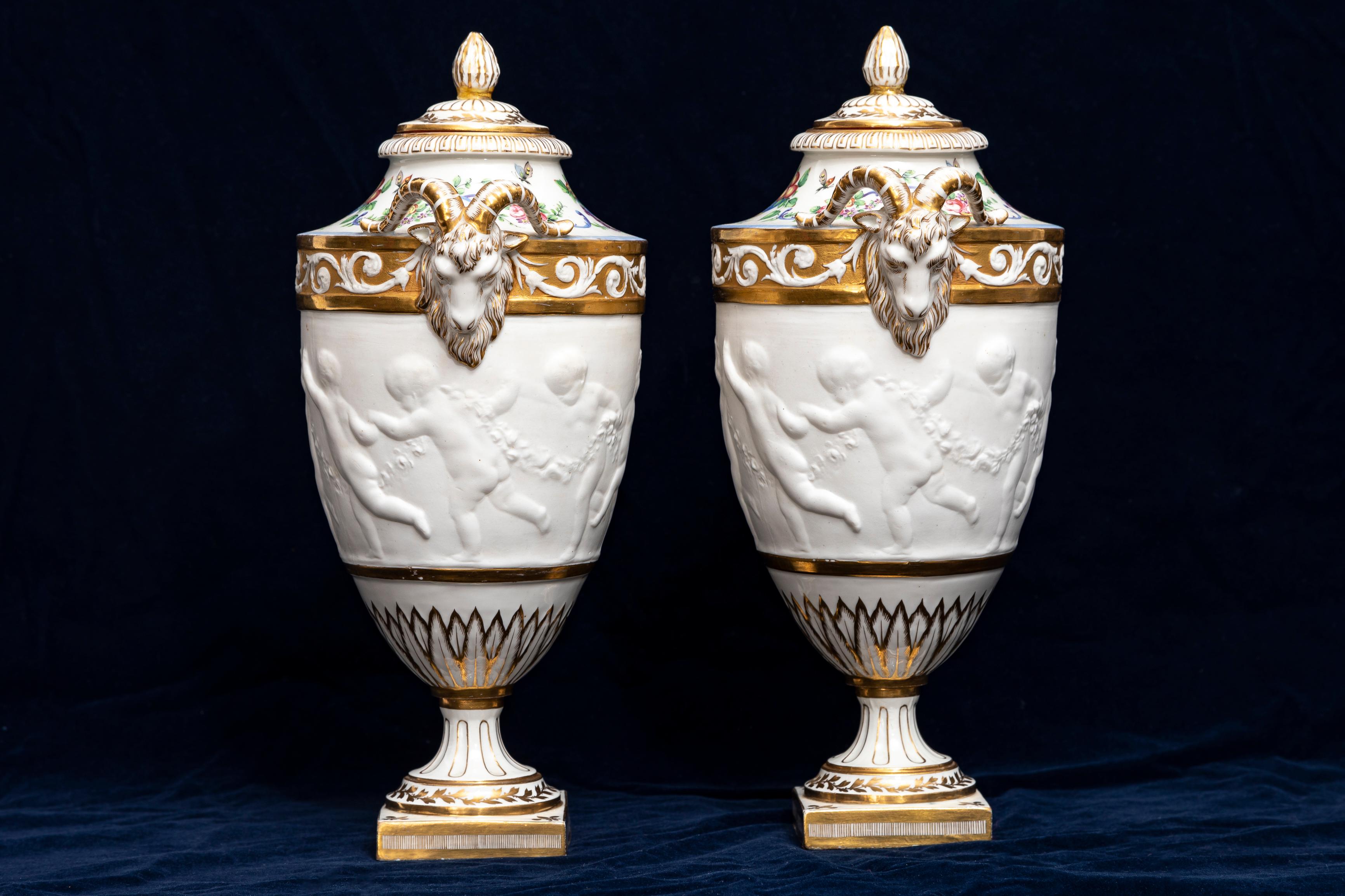 Late 19th Century Pair 19th C. French Sevres Biscuit Porcelain Lidded Vases w/ Rams Head and Putti