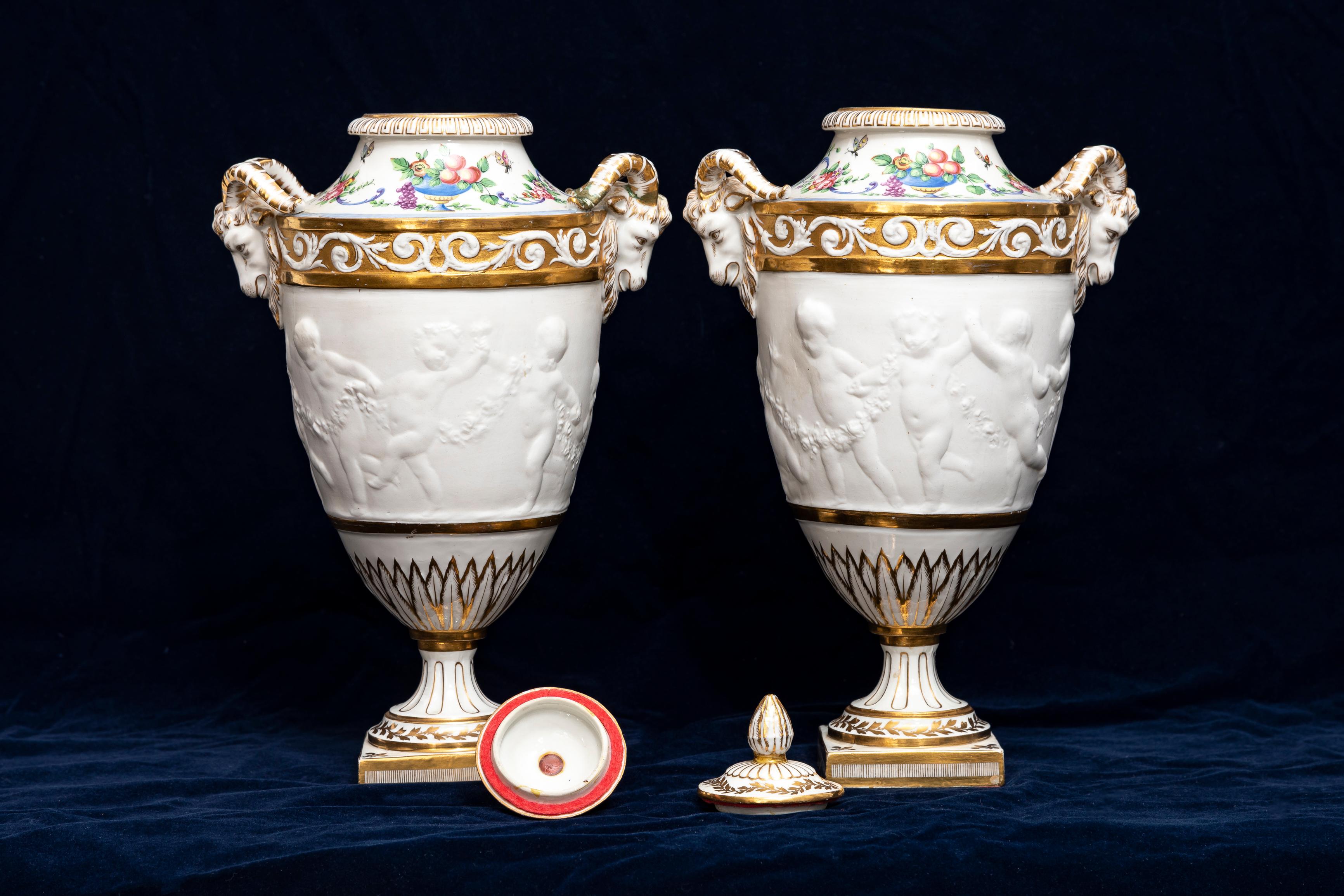 Pair 19th C. French Sevres Biscuit Porcelain Lidded Vases w/ Rams Head and Putti 1