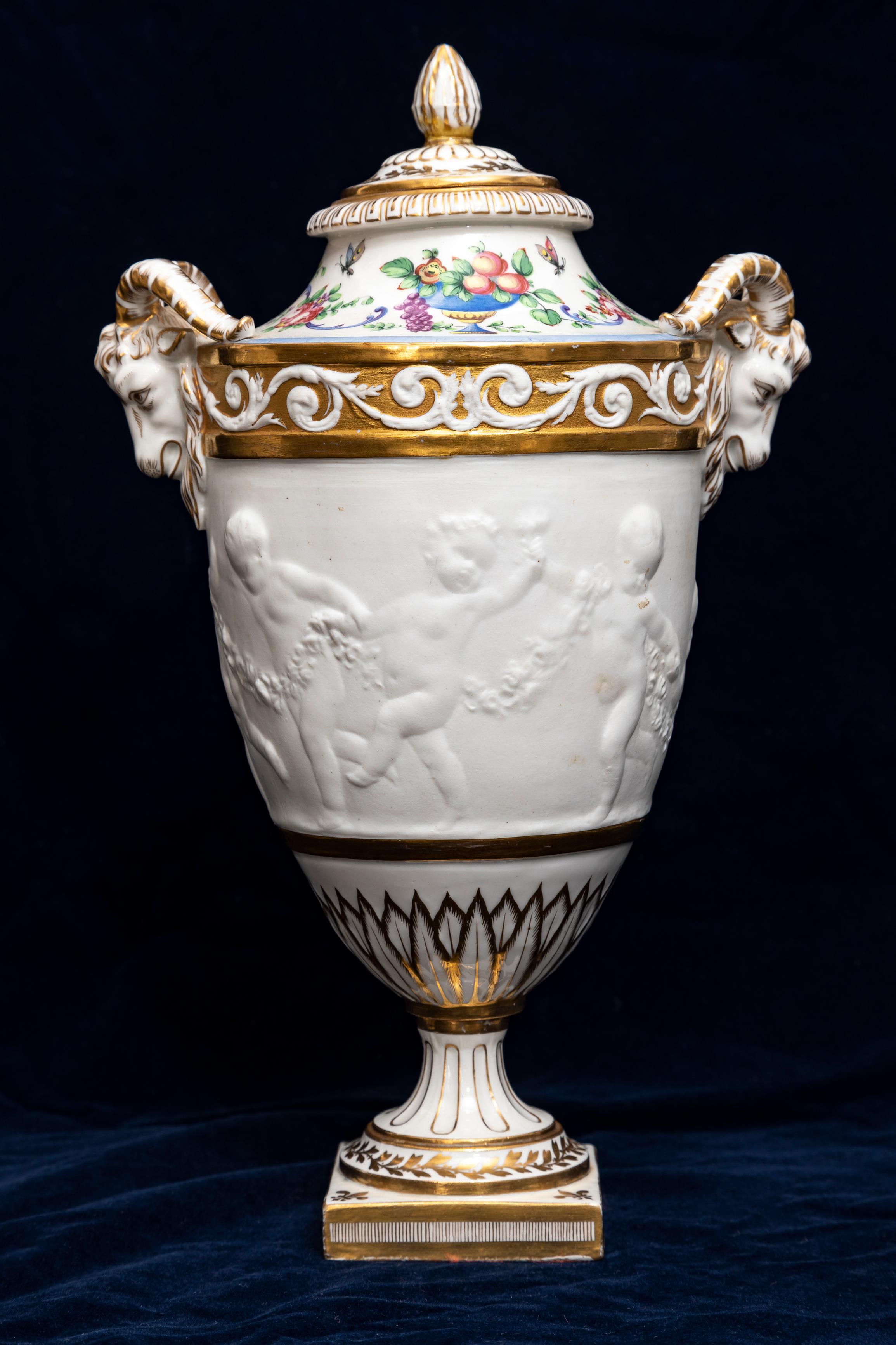Pair 19th C. French Sevres Biscuit Porcelain Lidded Vases w/ Rams Head and Putti 2