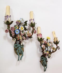 Pair 19th C. French Tole & Porcelain Sconces w/ Polychrome Porcelain Flowers