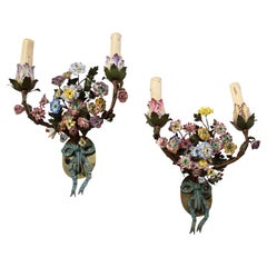 Pair 19th C. French Tole & Porcelain Sconces w/ Polychrome Porcelain Flowers
