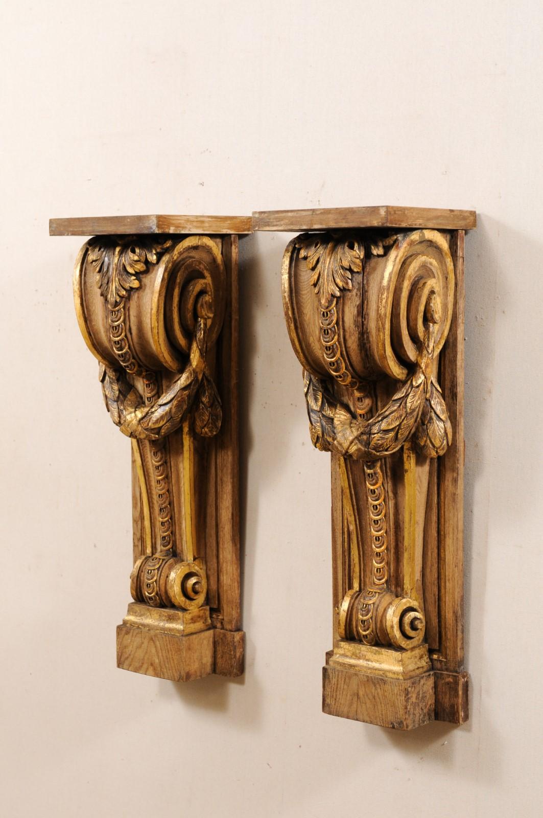 19th Century Pair of French Volute Carved and Gilt Corbels, Great Shelves or Console Base