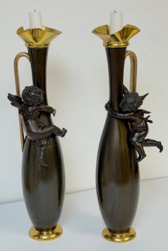 Pair 19th C. Gilt & Patinated Metal Cupid Candlesticks, After Auguste Moreau
