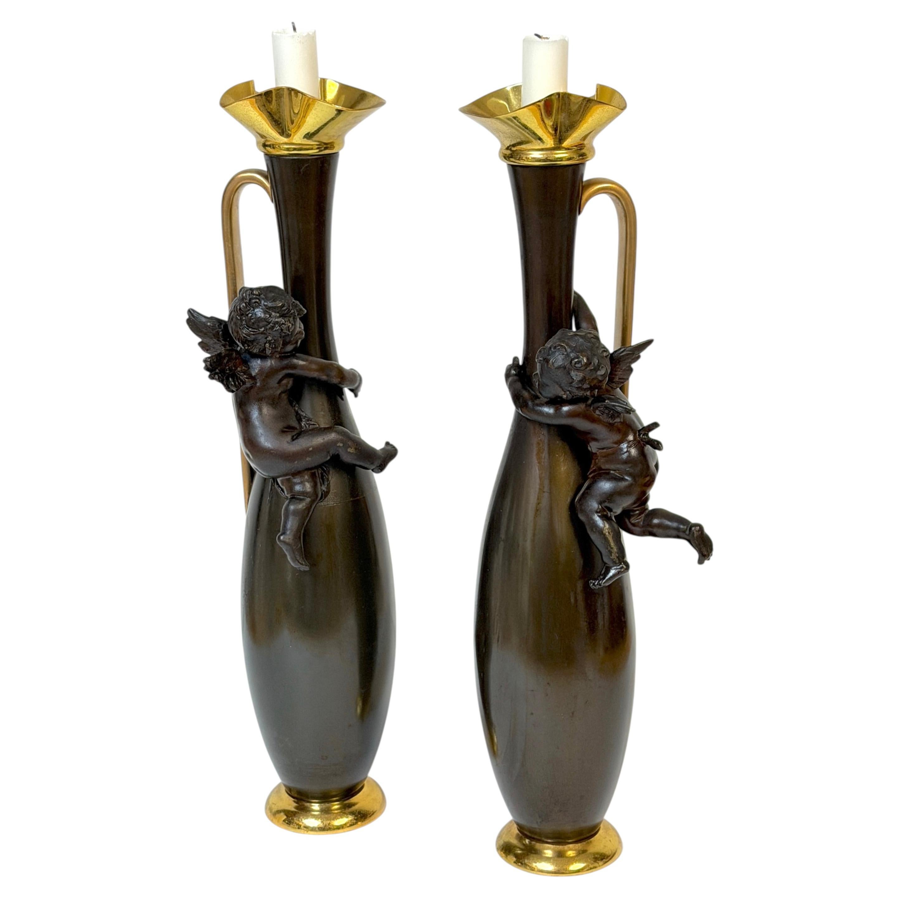 Pair 19th C. Gilt & Patinated Metal Cupid Candlesticks, After Auguste Moreau