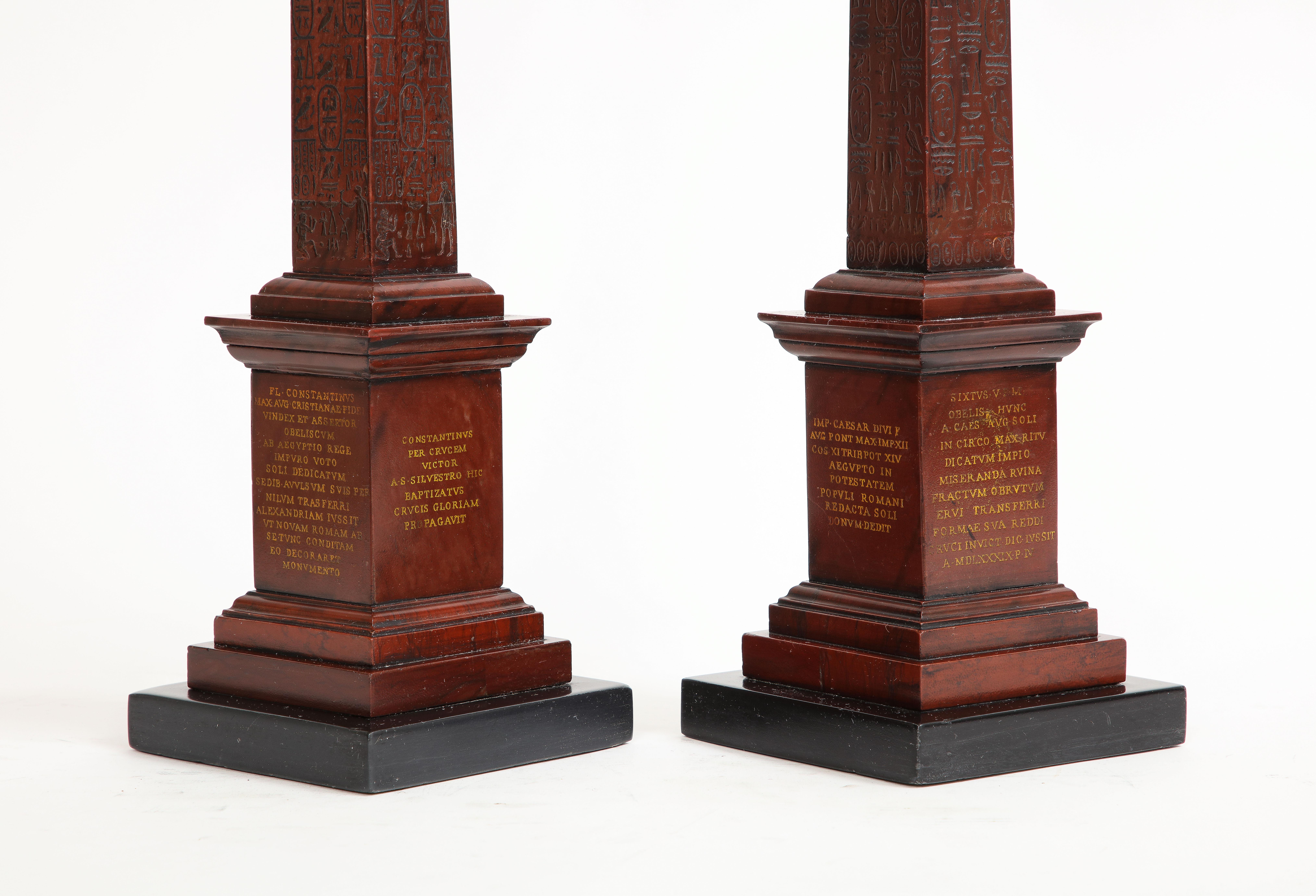 Pair 19th C. Grand Tour Rouge Marble Obelisks of Montecitorio w/ Hieroglyphics 6