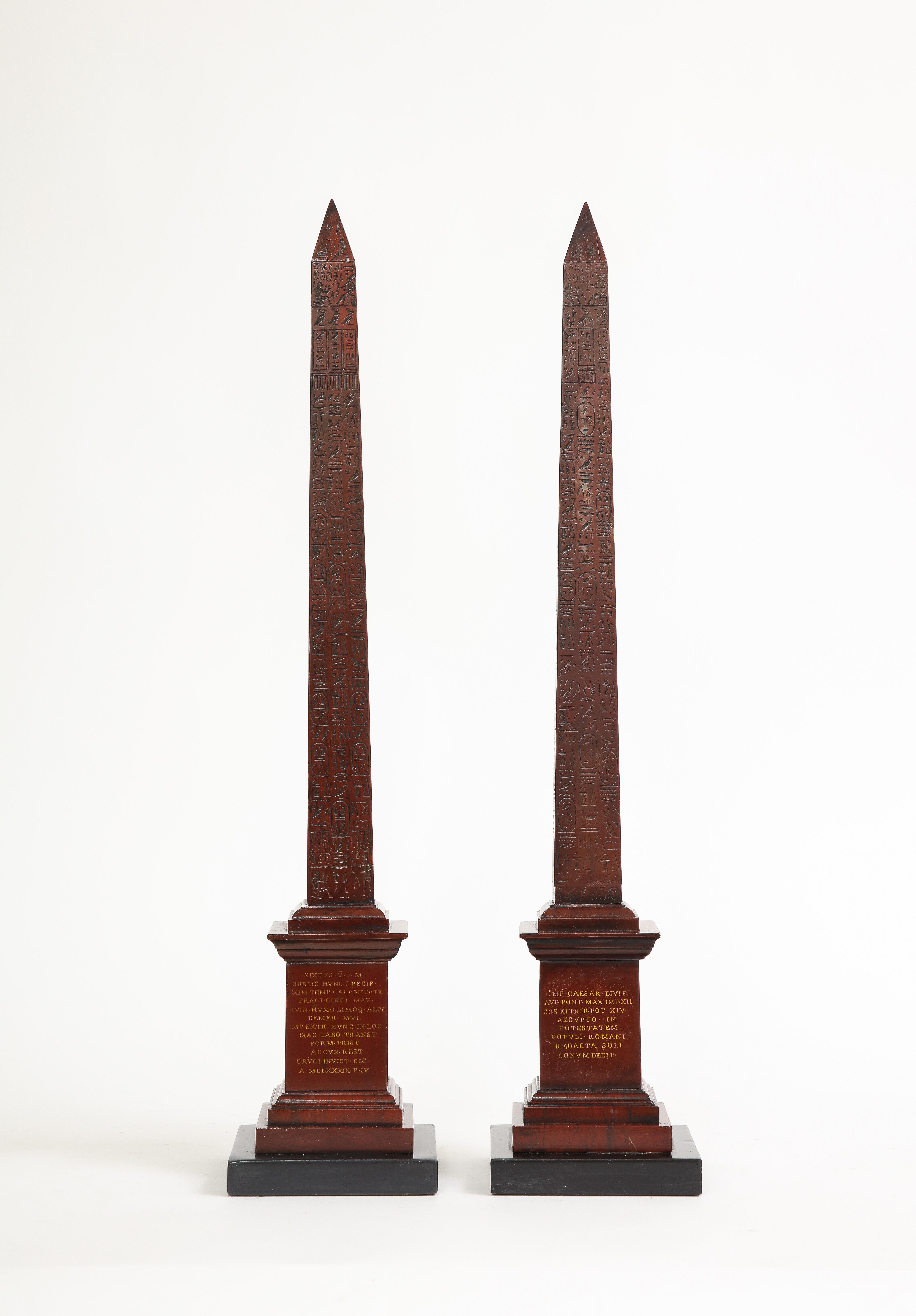 A Marvelous Pair of 19th Century Italian Grand Tour Rouge Marble Obelisks of Montecitorio w/ Hieroglyphics. This magnificent example of the grand tour souvenirs that were popular in the 19th century are very rare to find in this size, quality,