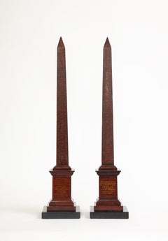 Pair 19th C. Grand Tour Rouge Marble Obelisks of Montecitorio w/ Hieroglyphics