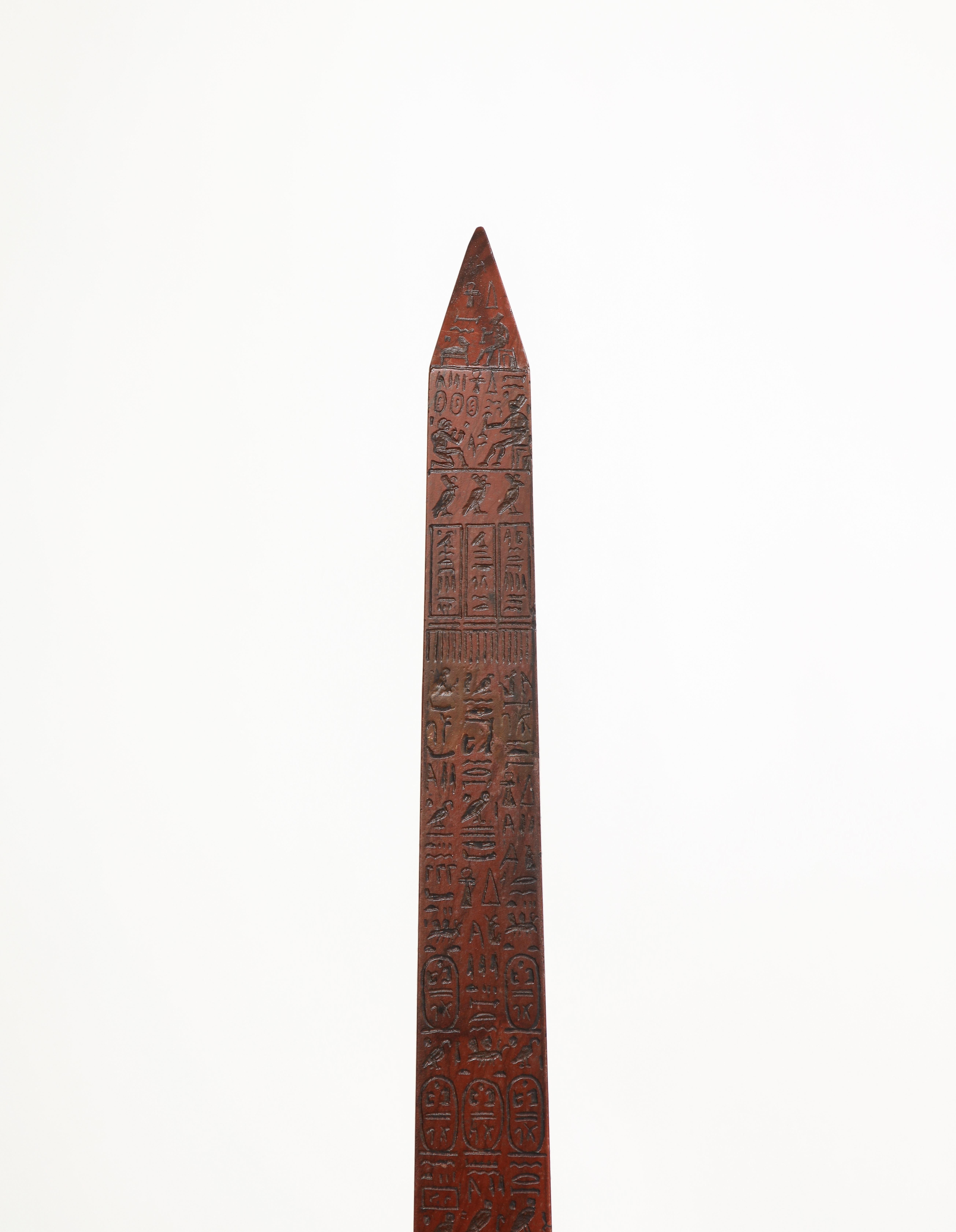 Hand-Carved Pair 19th C. Grand Tour Rouge Marble Obelisks of Montecitorio w/ Hieroglyphics
