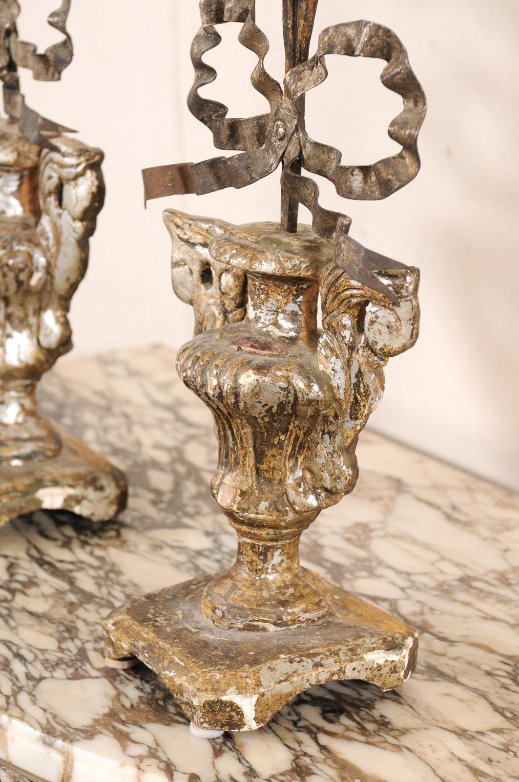 Pair 19th c Italian Neoclassic Urn-Carved Candelabras w/5 Candle Pricket Holders For Sale 5