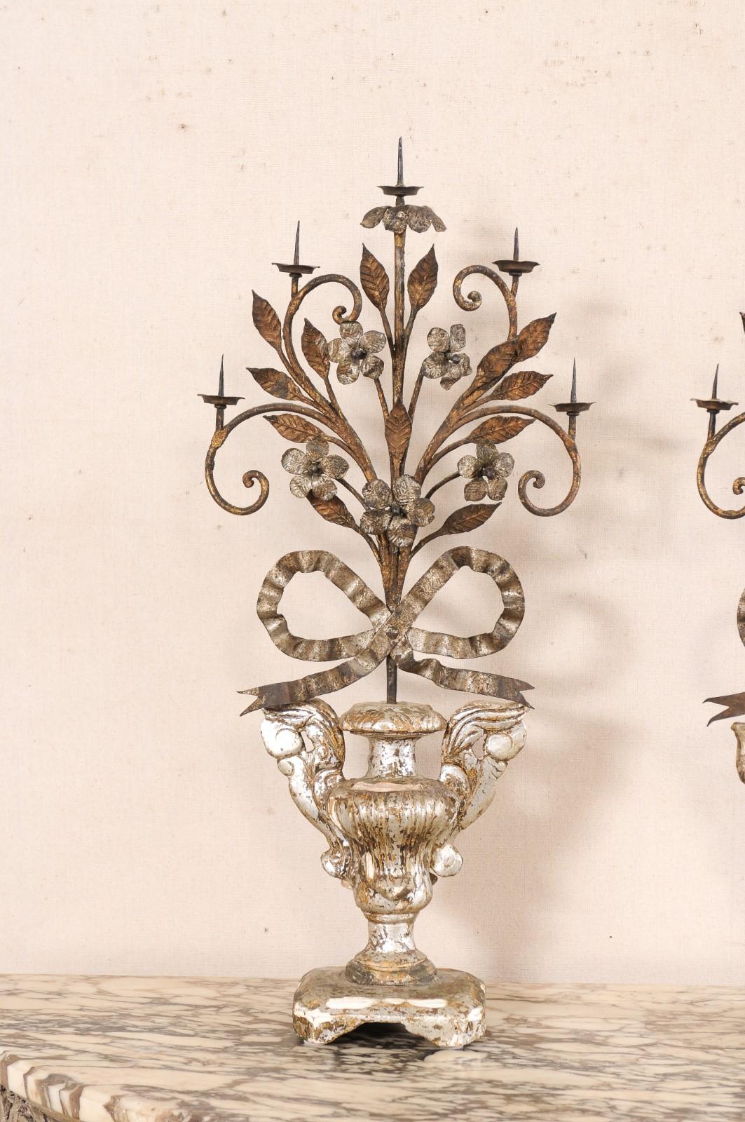 Neoclassical Pair 19th c Italian Neoclassic Urn-Carved Candelabras w/5 Candle Pricket Holders For Sale