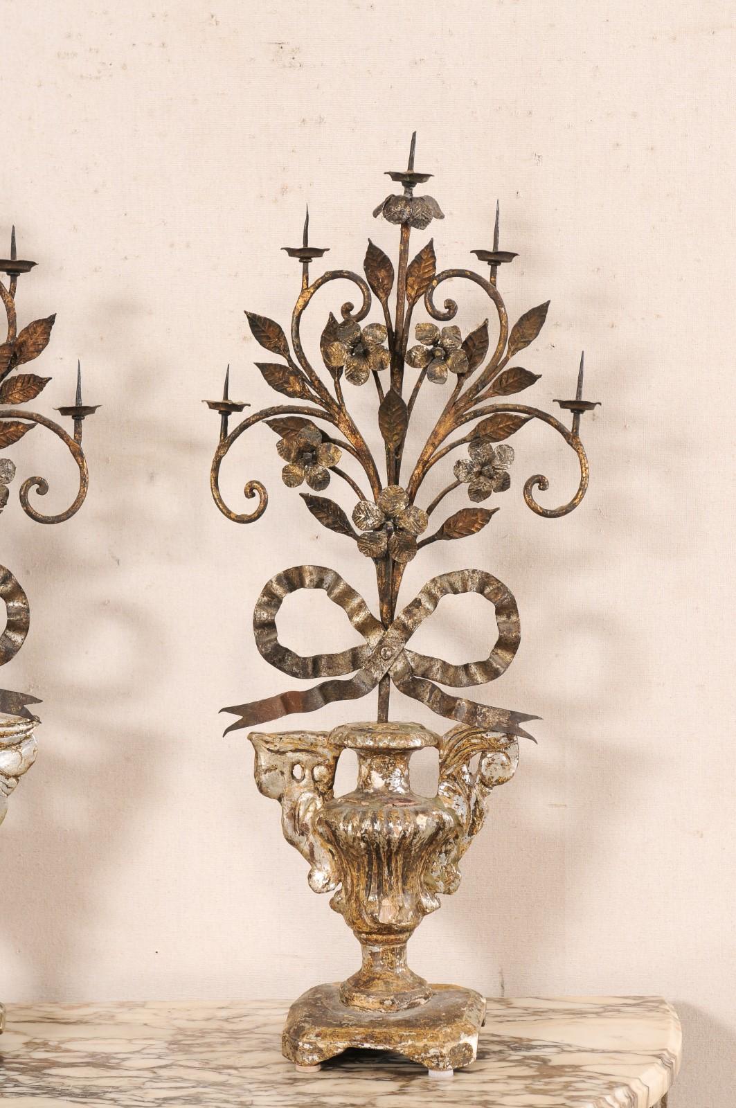 Pair 19th c Italian Neoclassic Urn-Carved Candelabras w/5 Candle Pricket Holders In Good Condition For Sale In Atlanta, GA