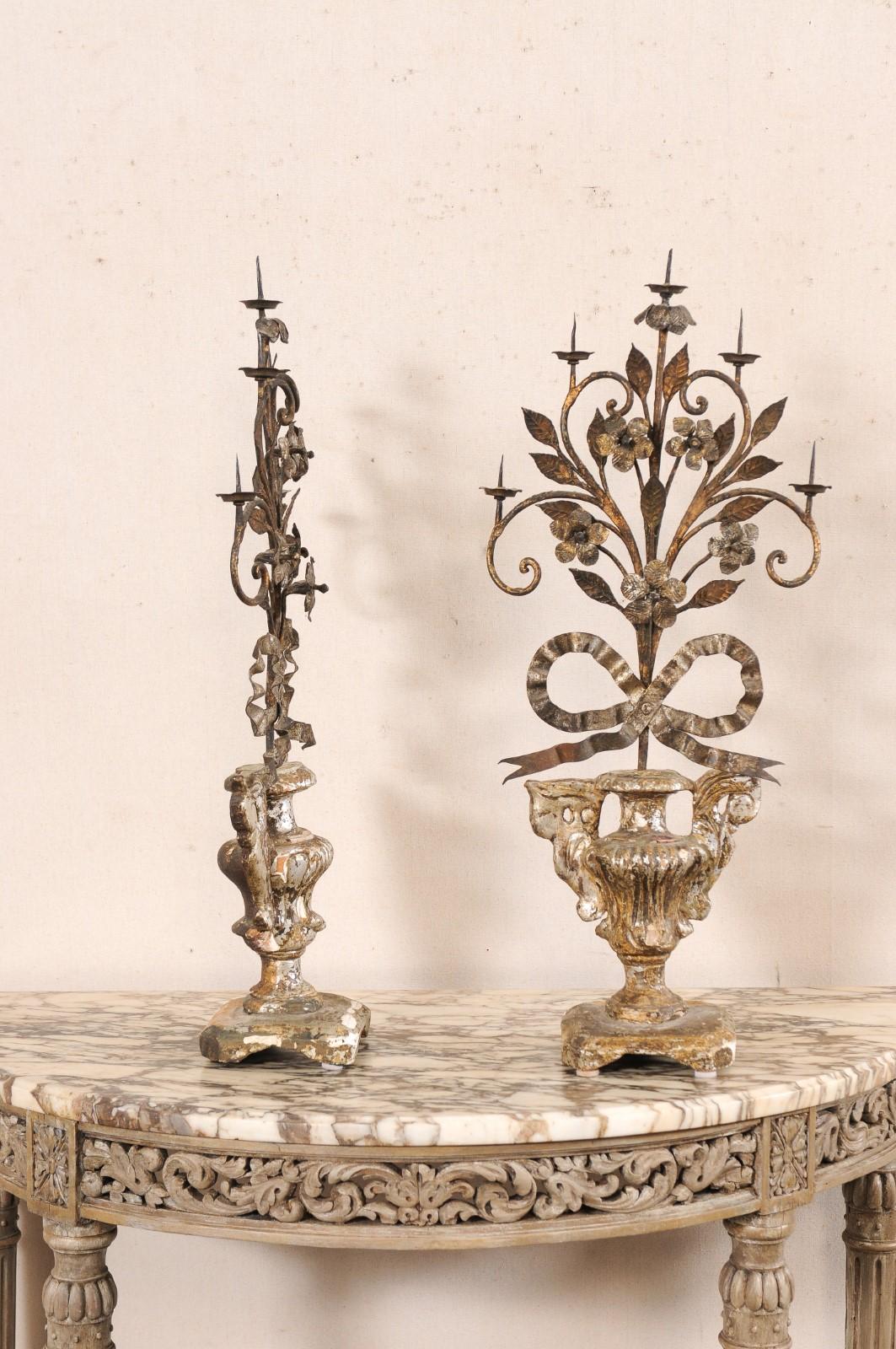 19th Century Pair 19th c Italian Neoclassic Urn-Carved Candelabras w/5 Candle Pricket Holders For Sale