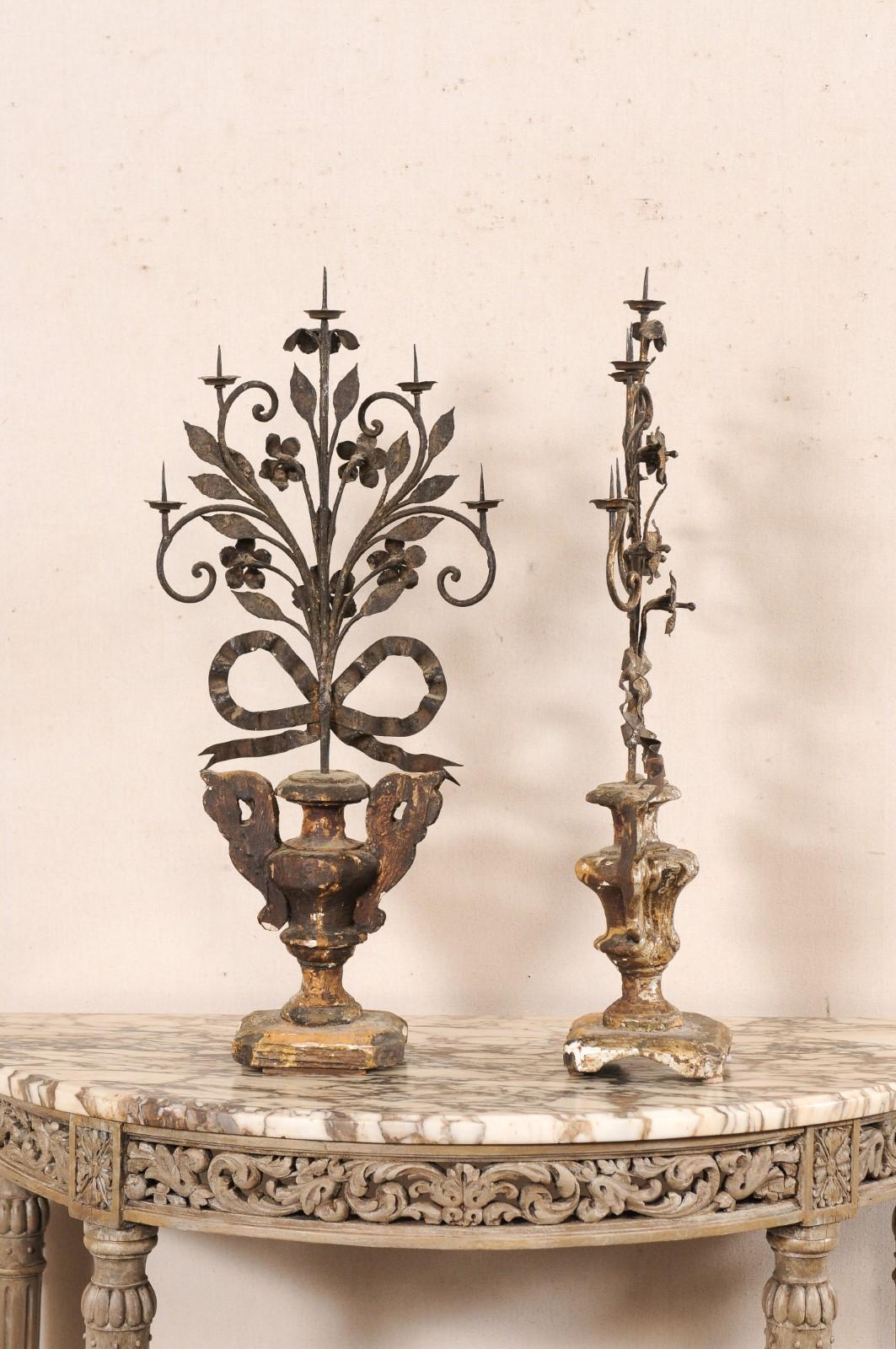Giltwood Pair 19th c Italian Neoclassic Urn-Carved Candelabras w/5 Candle Pricket Holders For Sale