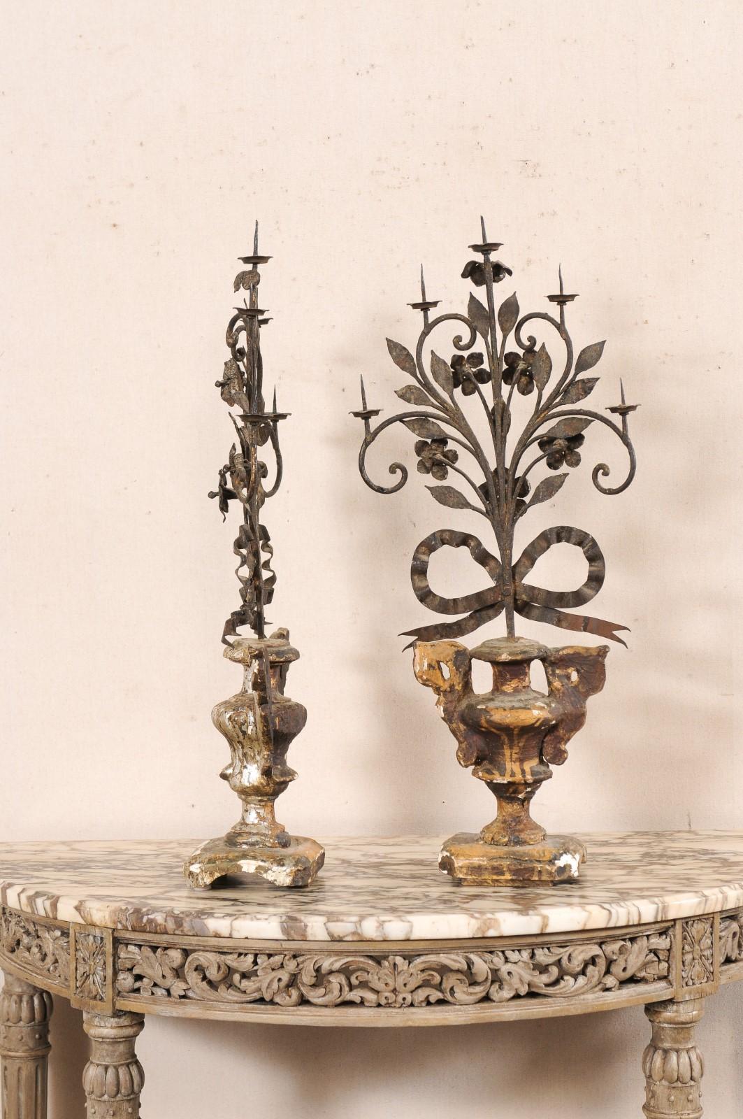 Pair 19th c Italian Neoclassic Urn-Carved Candelabras w/5 Candle Pricket Holders For Sale 1