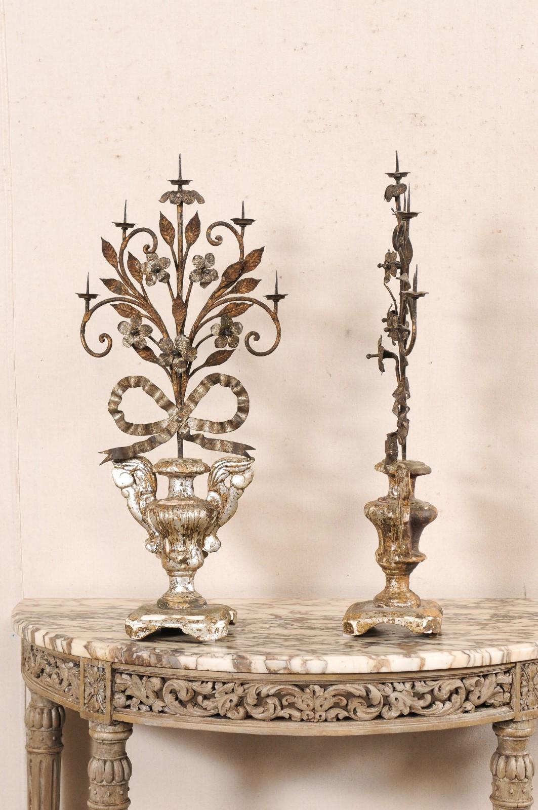 Pair 19th c Italian Neoclassic Urn-Carved Candelabras w/5 Candle Pricket Holders For Sale 2