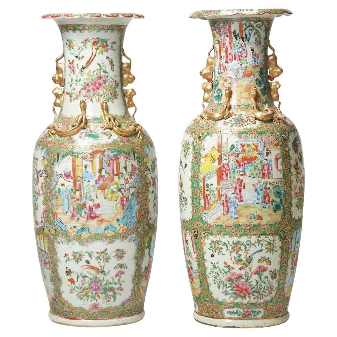Pair 19th C. Large Chinese Export Porcelain Rose Medallion "Famille Rose" Vases For Sale