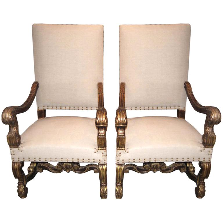 Pair 19th c. Large Giltwood Armchairs For Sale